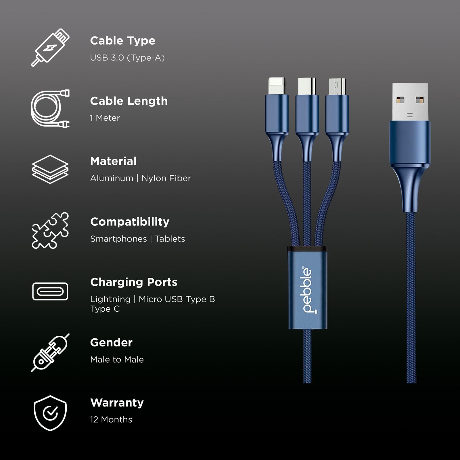 Pebble Type A to Type C, Micro USB, Lightning 3.3 Feet (1M) 3-in-1 Cable (Premium Nylon Braided, Blue)_2