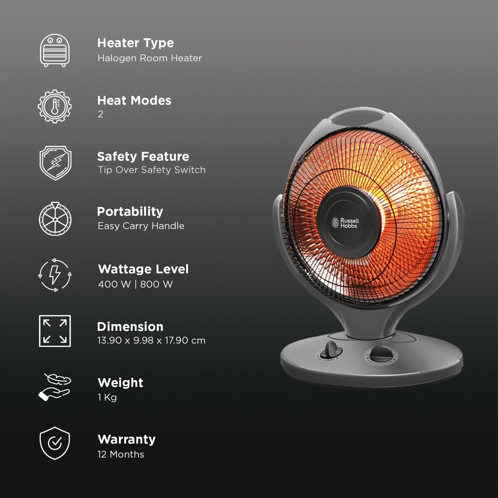 Russell Hobbs RSH800 800W Halogen Room Heater with Oscillation Function (Safety Grill_3