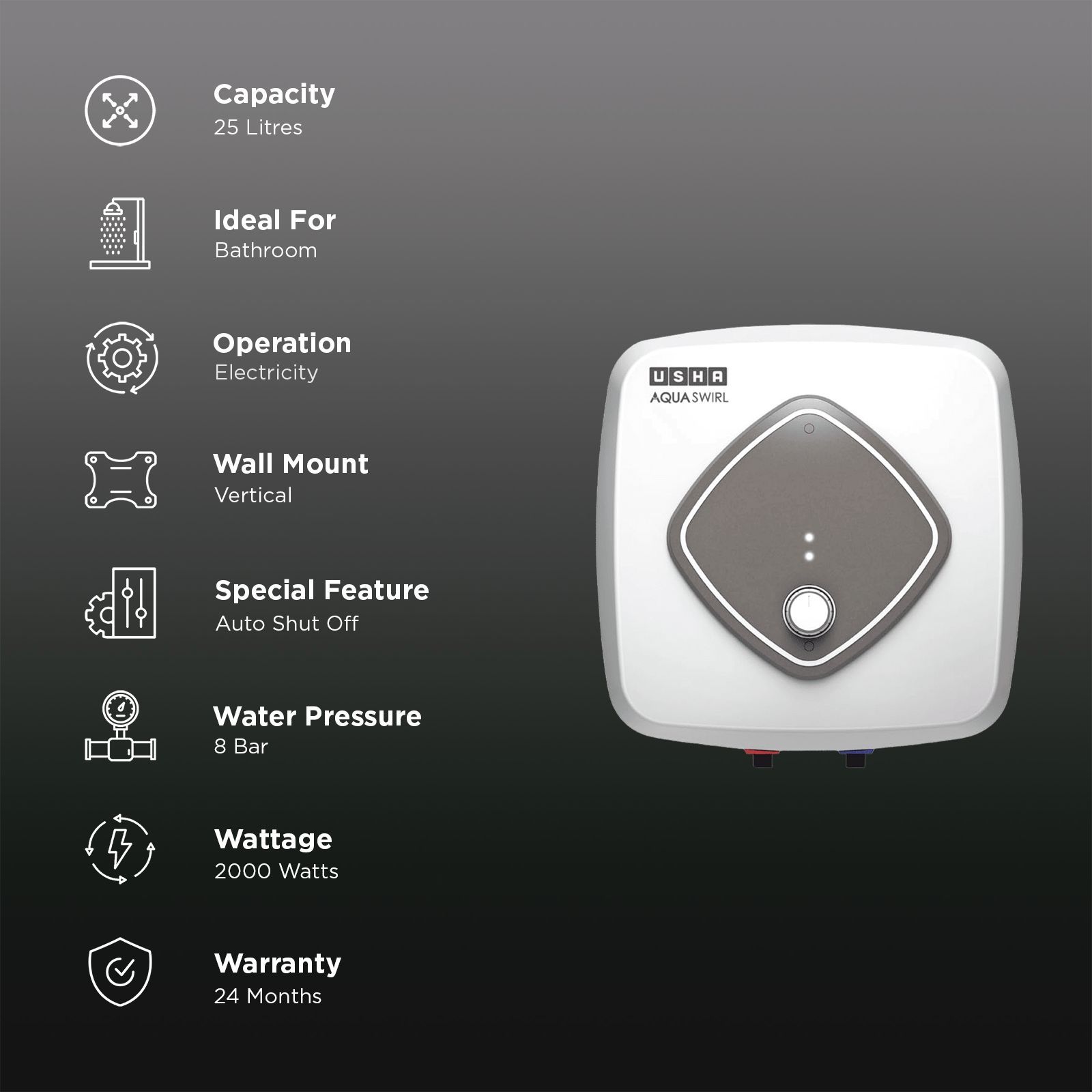 USHA Aqua Swirl 25 Litre 5 Star Vertical Storage Geyser with Whirl Flow Technology (White & Grey)_2