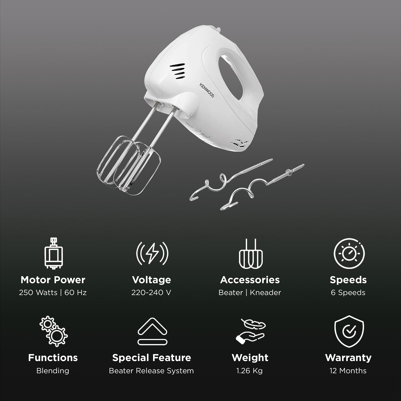 KENWOOD HM330 250 Watt 6 Speed Hand Mixer with 4 Attachments (Thumb Operated Speed Control, White) KENWOOD HM330 250 Watt 6 Speed Hand Mixer with 4 Attachments (Thumb Operated Speed Control, White)_2