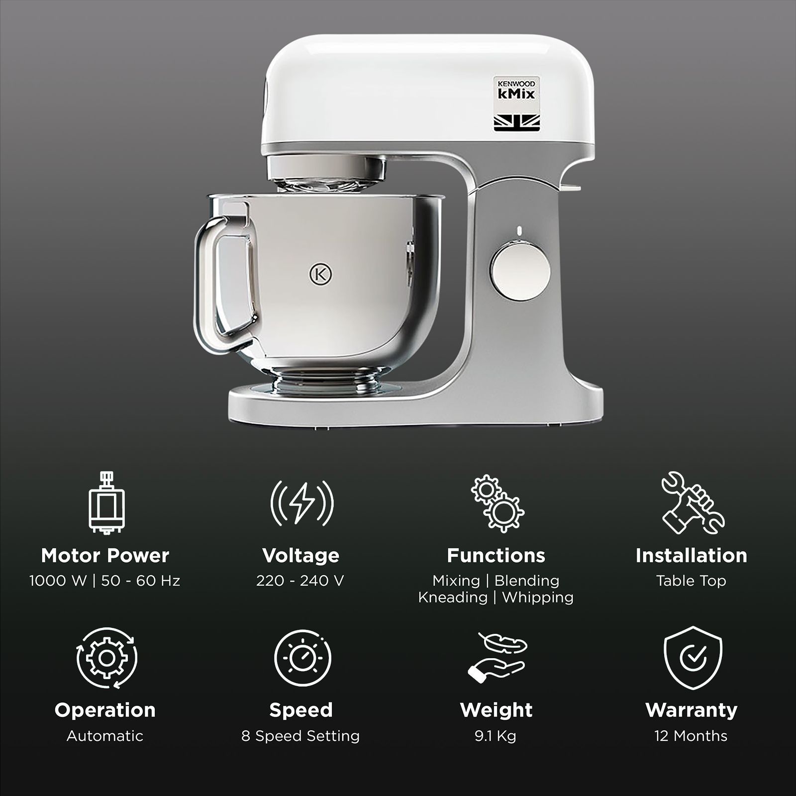 KENWOOD kMix 1000 Watt Stand Mixer (Fold Function, 0W20011137, White)_2