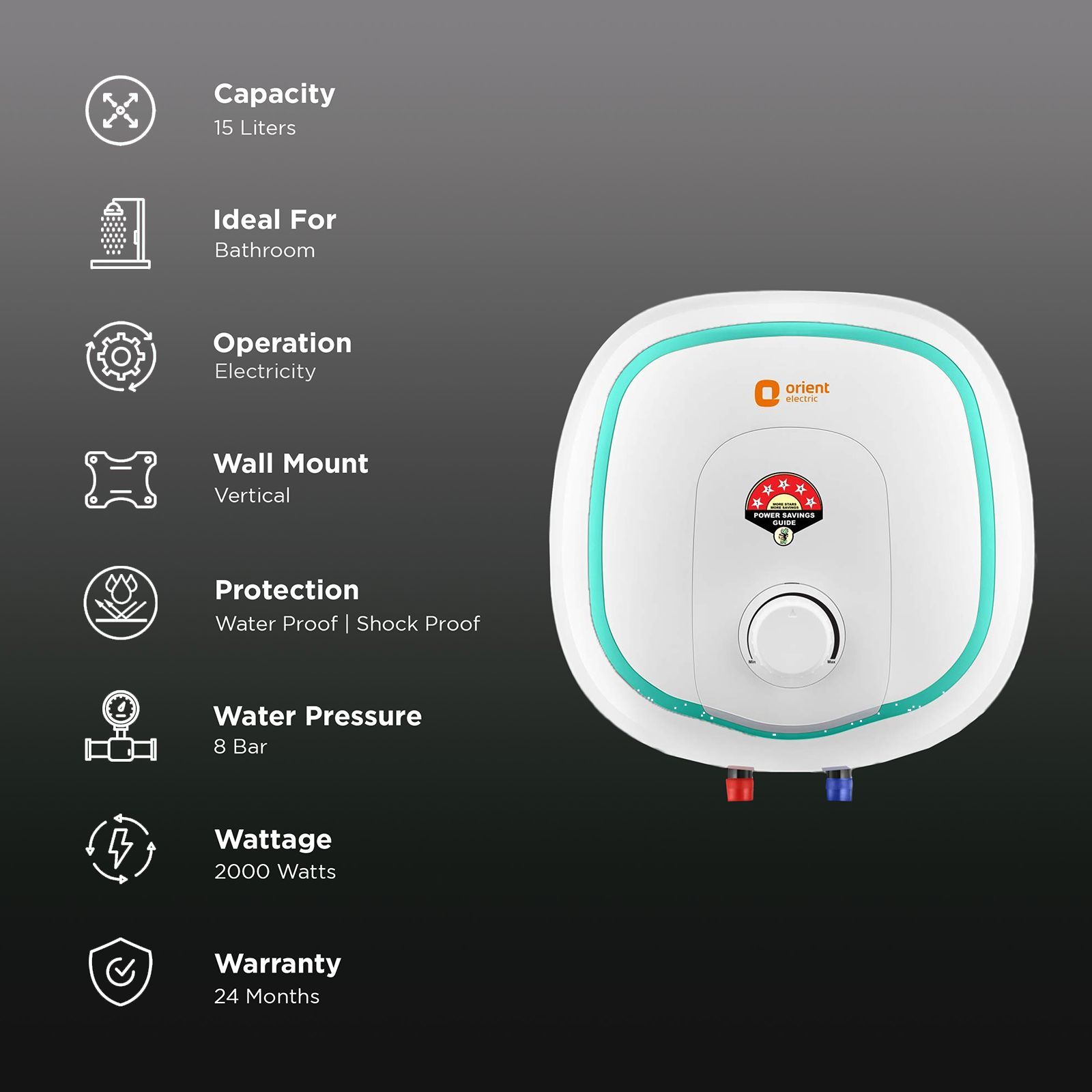 Orient Aquator 15 Litres 5 Star Vertical Storage Water Geyser with Glass Coated Incoloy Heating Element (White) Orient Aquator 15 Litres 5 Star Vertical Storage Water Geyser with Glass Coated Incoloy Heating Element (White)_3