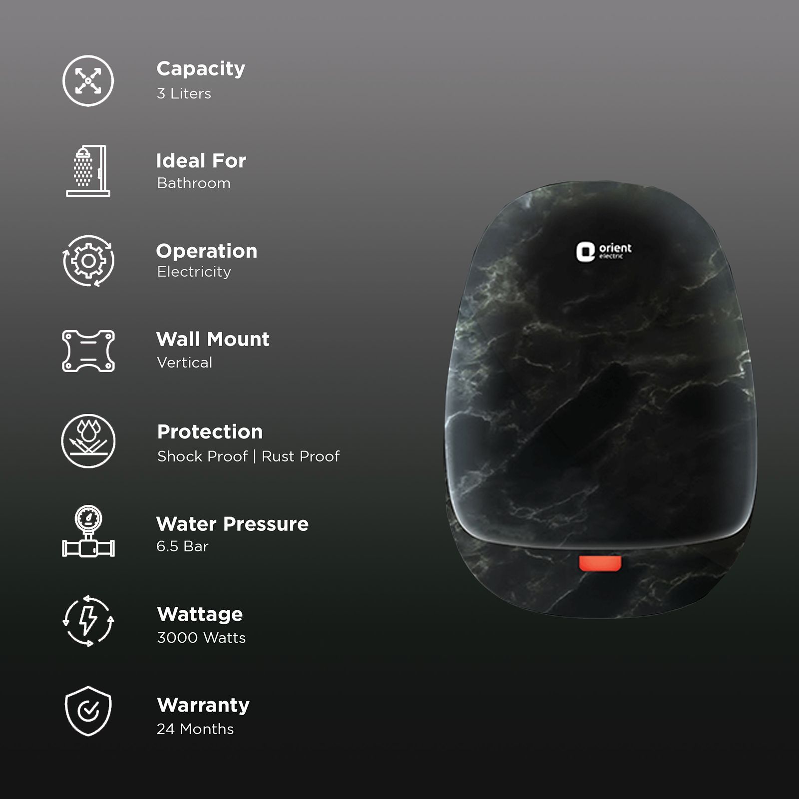 Orient Aura Neo Art 3 Litres Instant Water Geyser (3000 Watts, IWAN03WSM3-BL, White/Black (Marble Finish)) Orient Aura Neo Art 3 Litres Instant Water Geyser (3000 Watts, IWAN03WSM3-BL, White/Black (Marble Finish))_3