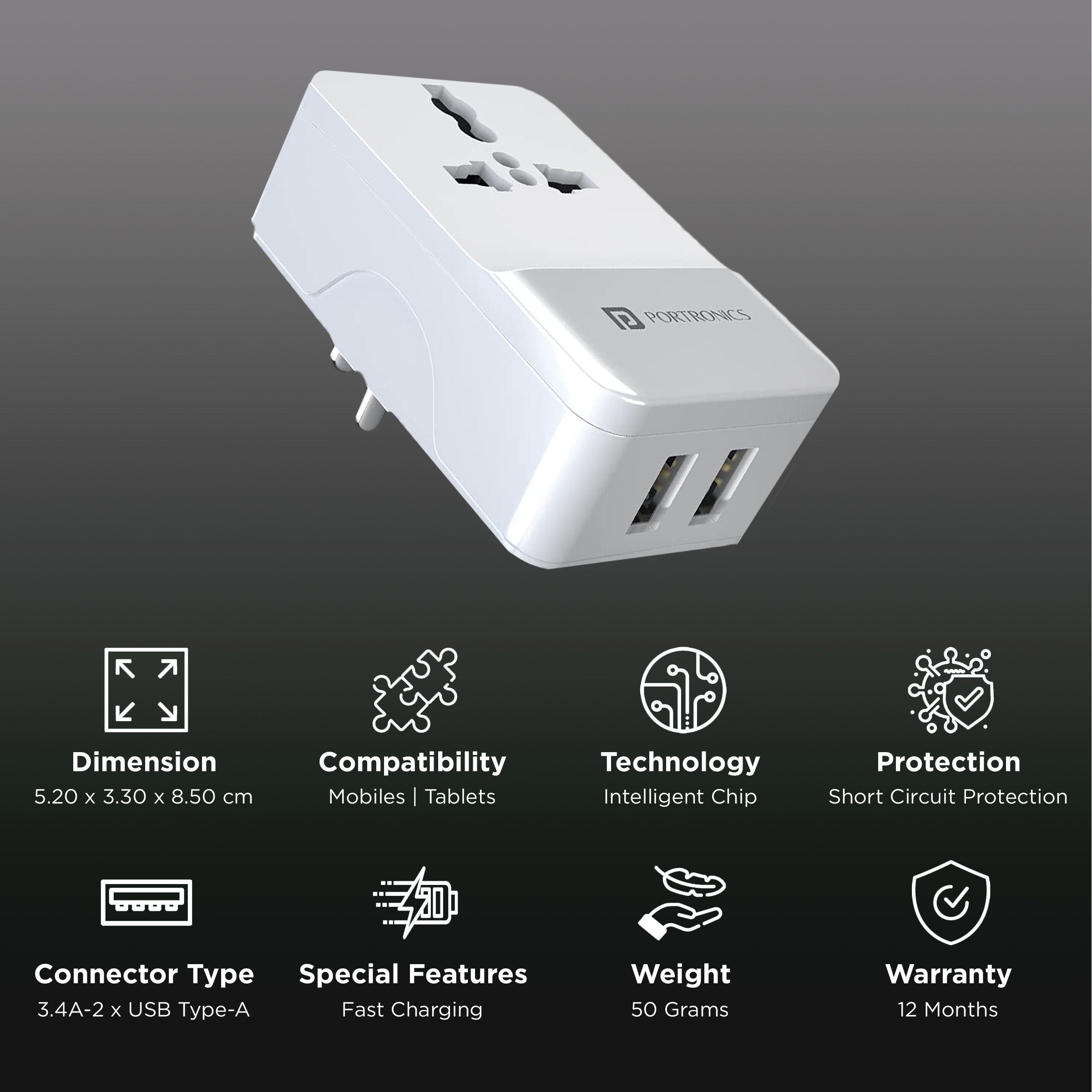 Portronics Adapto III Type A 2-Port Fast Charger (Adapter Only, Short-Circuit Protection, White) Portronics Adapto III Type A 2-Port Fast Charger (Adapter Only, Short-Circuit Protection, White)_2