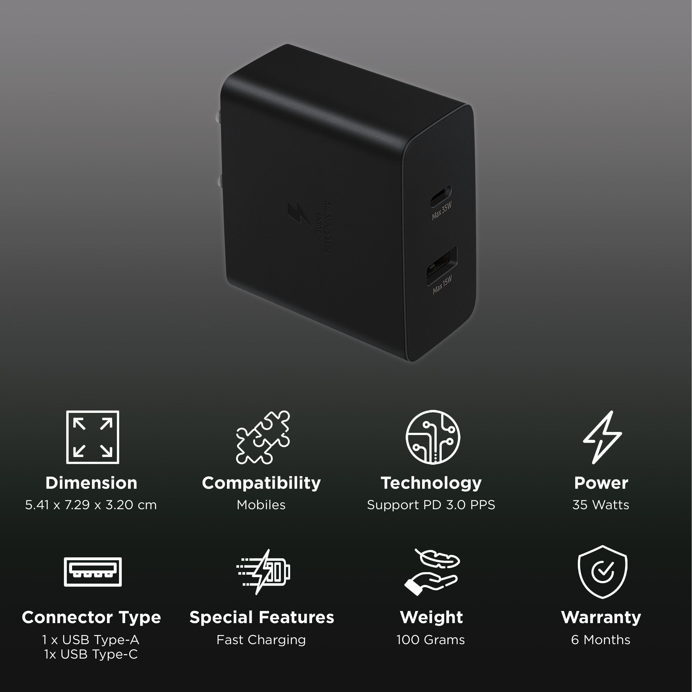 SAMSUNG Duo TA220 35W Type A & Type C 2-Port Fast Charger (Adapter Only, Support PD 3.0 PPS, Black)_2