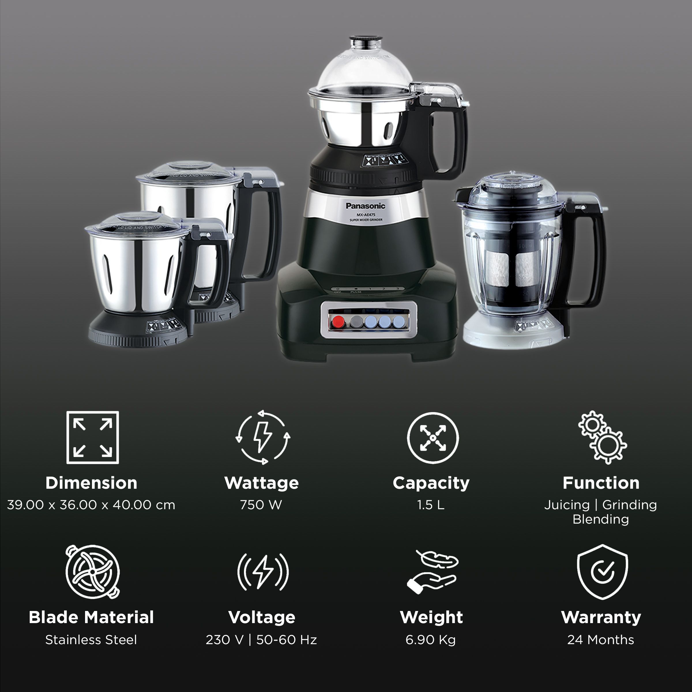Panasonic 750 Watt 4 Jars Juicer Mixer Grinder (Double Safety Lock, Black) Panasonic 750 Watt 4 Jars Juicer Mixer Grinder (Double Safety Lock, Black)_2