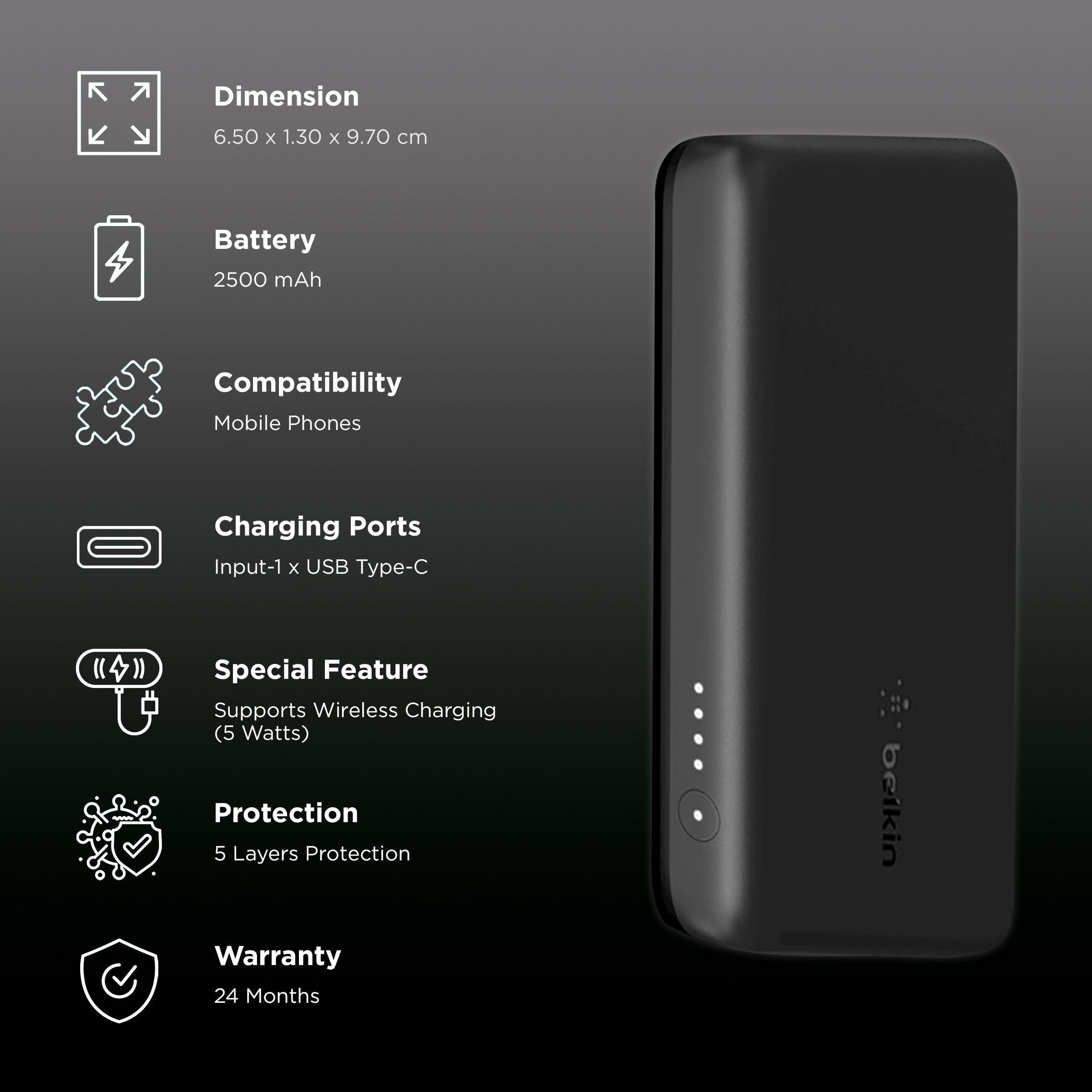 belkin BoostCharge 2500 mAh 5W Power Bank (1 Type C Port, Compatible with MagSafe, Black)_3