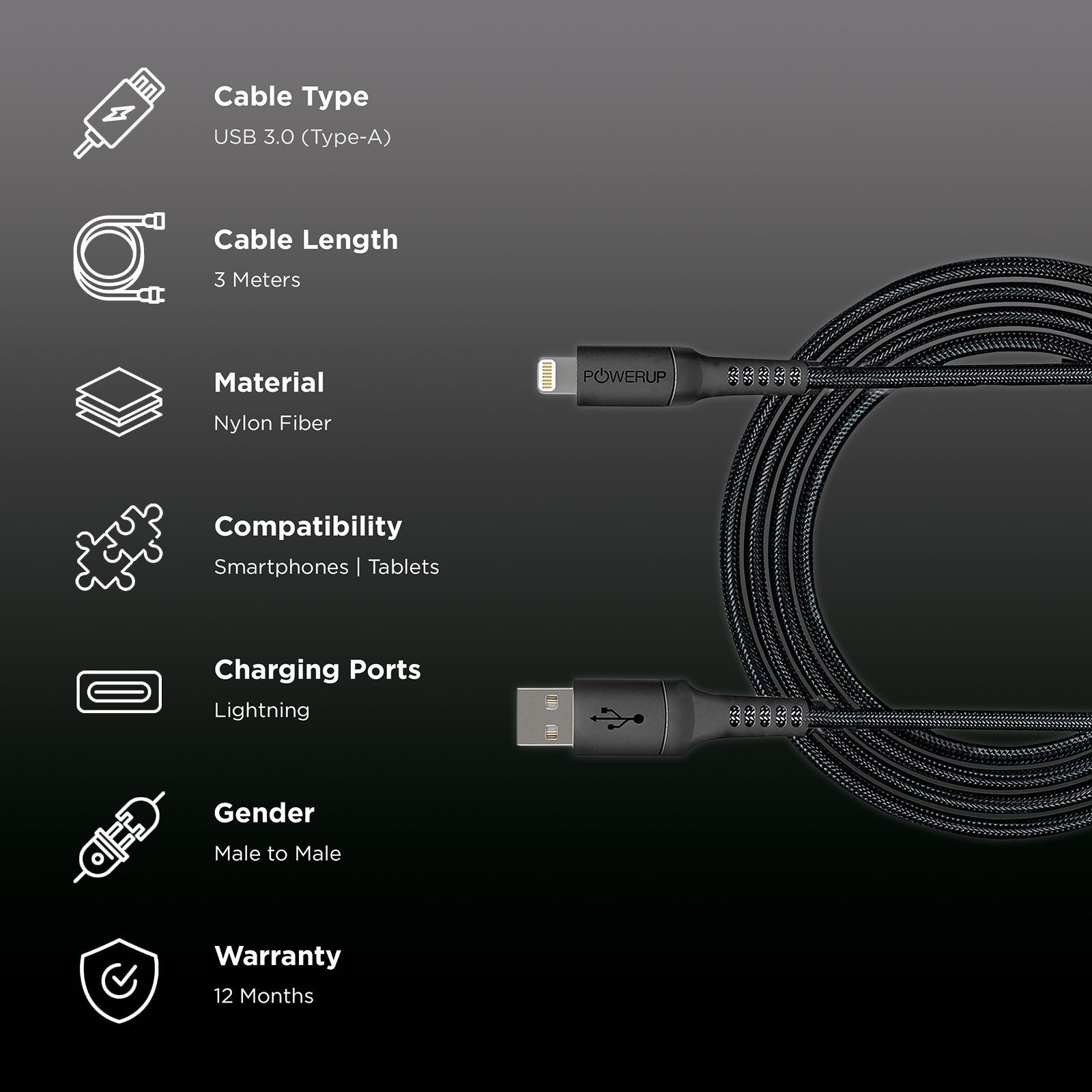 POWERUP Type A to Lightning 9.9 Feet (3M) Cable (Sync and Charge, Black)_2