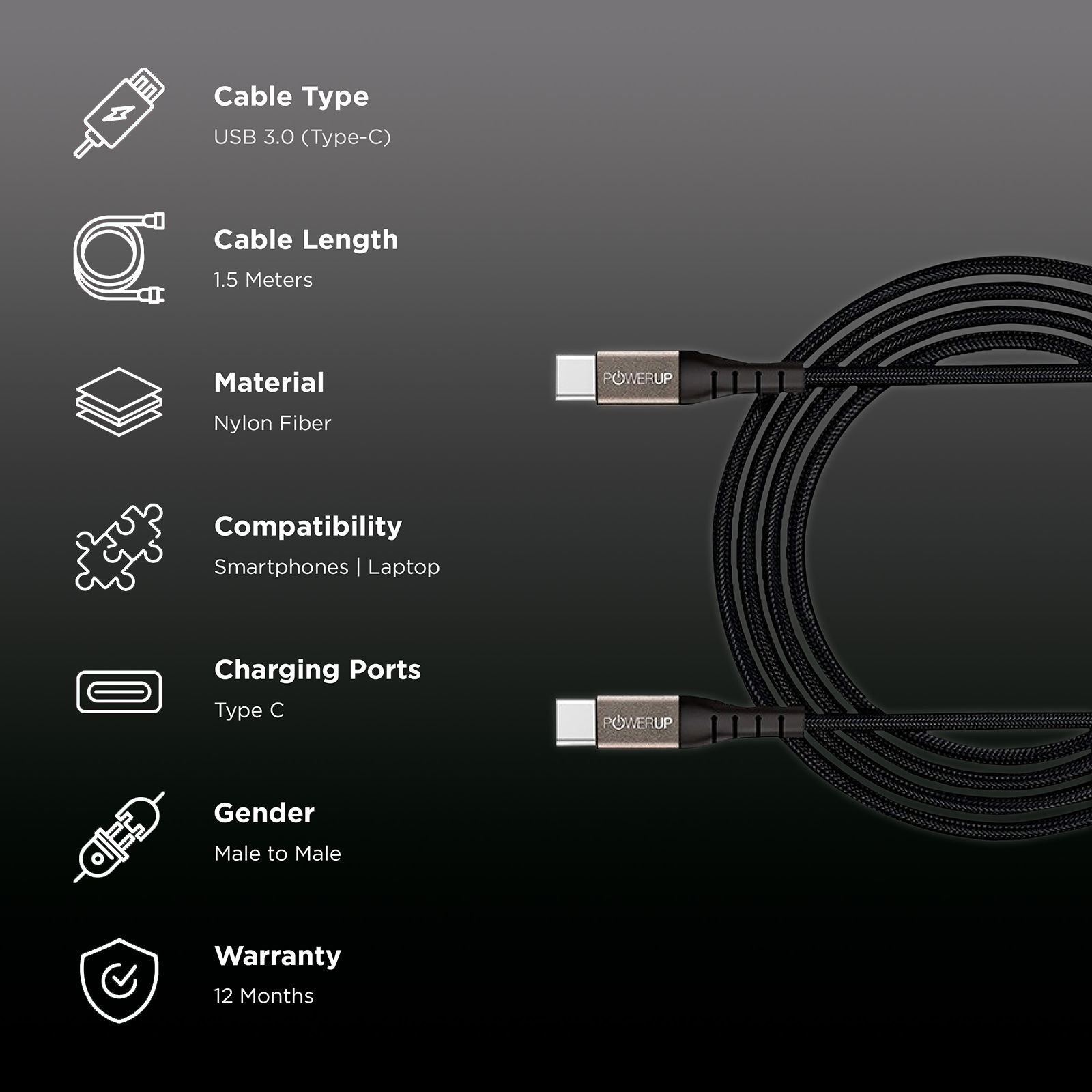 POWERUP Type C to Type C 4.9 Feet (1.5M) Cable (Reversible Design, Black) POWERUP Type C to Type C 4.9 Feet (1.5M) Cable (Reversible Design, Black)_2
