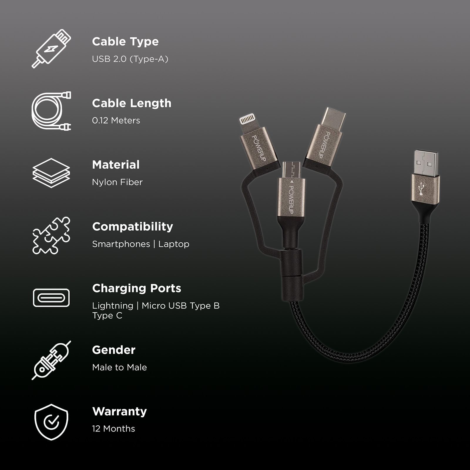 POWERUP Type A to Type C, Micro USB, Lightning 0.39 Feet (0.12M) 3-in-1 Cable (Tangle-free Design, Black)_2