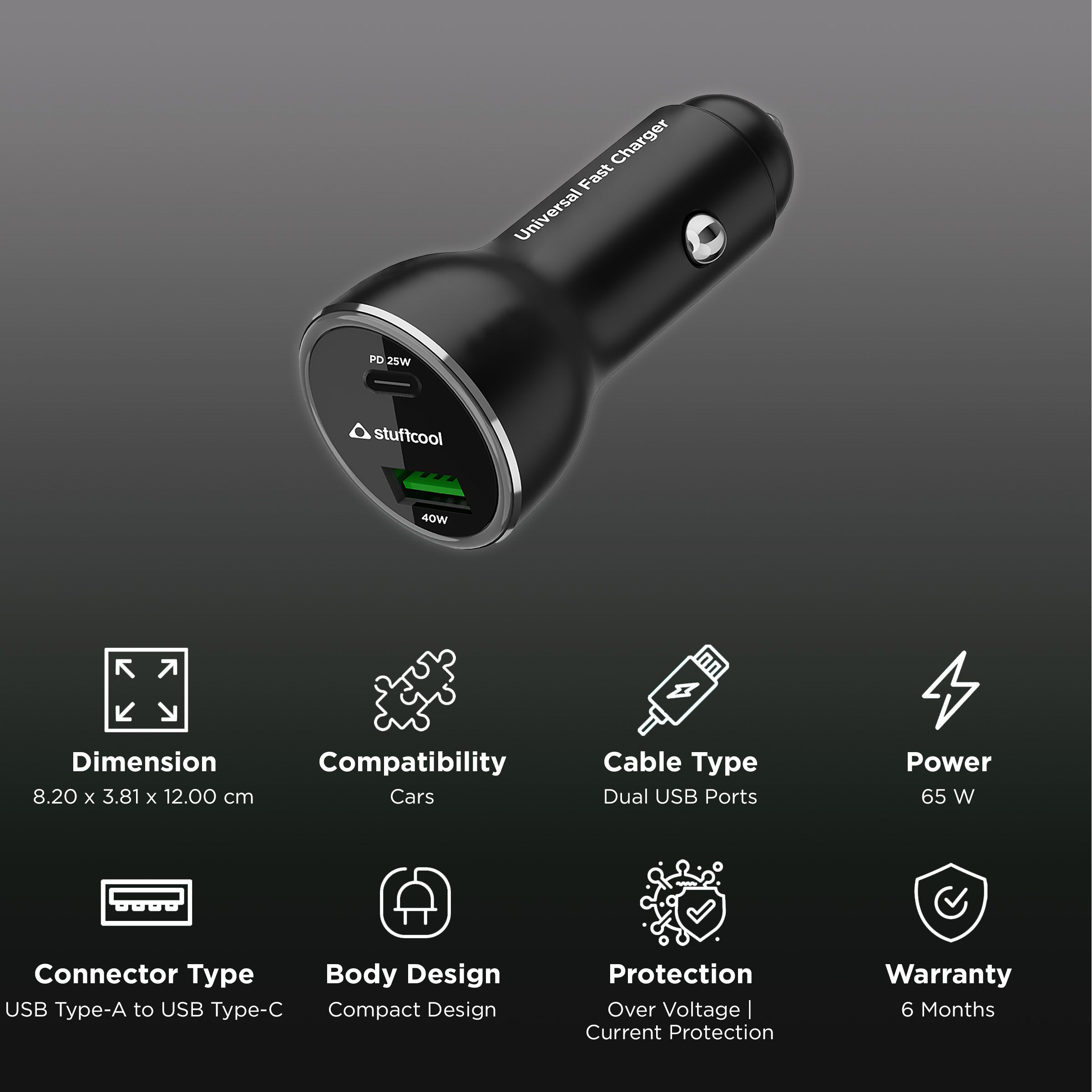 stuffcool Ultimus 65W Type A & Type C 2-Port Car Charger (Adapter Only, Aluminium Housing, Black)_2