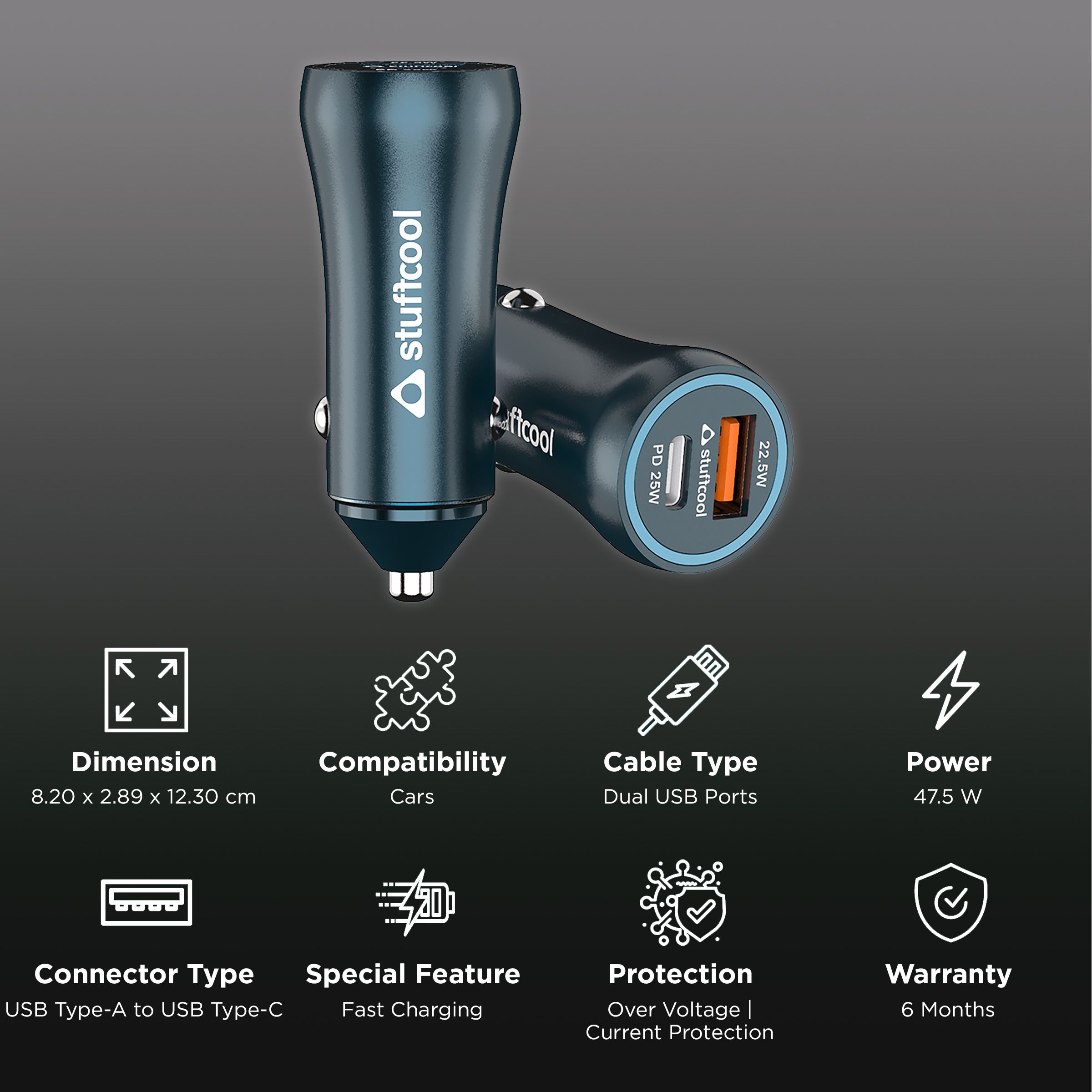 stuffcool Ultimus 47W Type A & Type C 2-Port Fast Car Charger (Adapter Only, Multi-Layer Safety System, Blue)_2