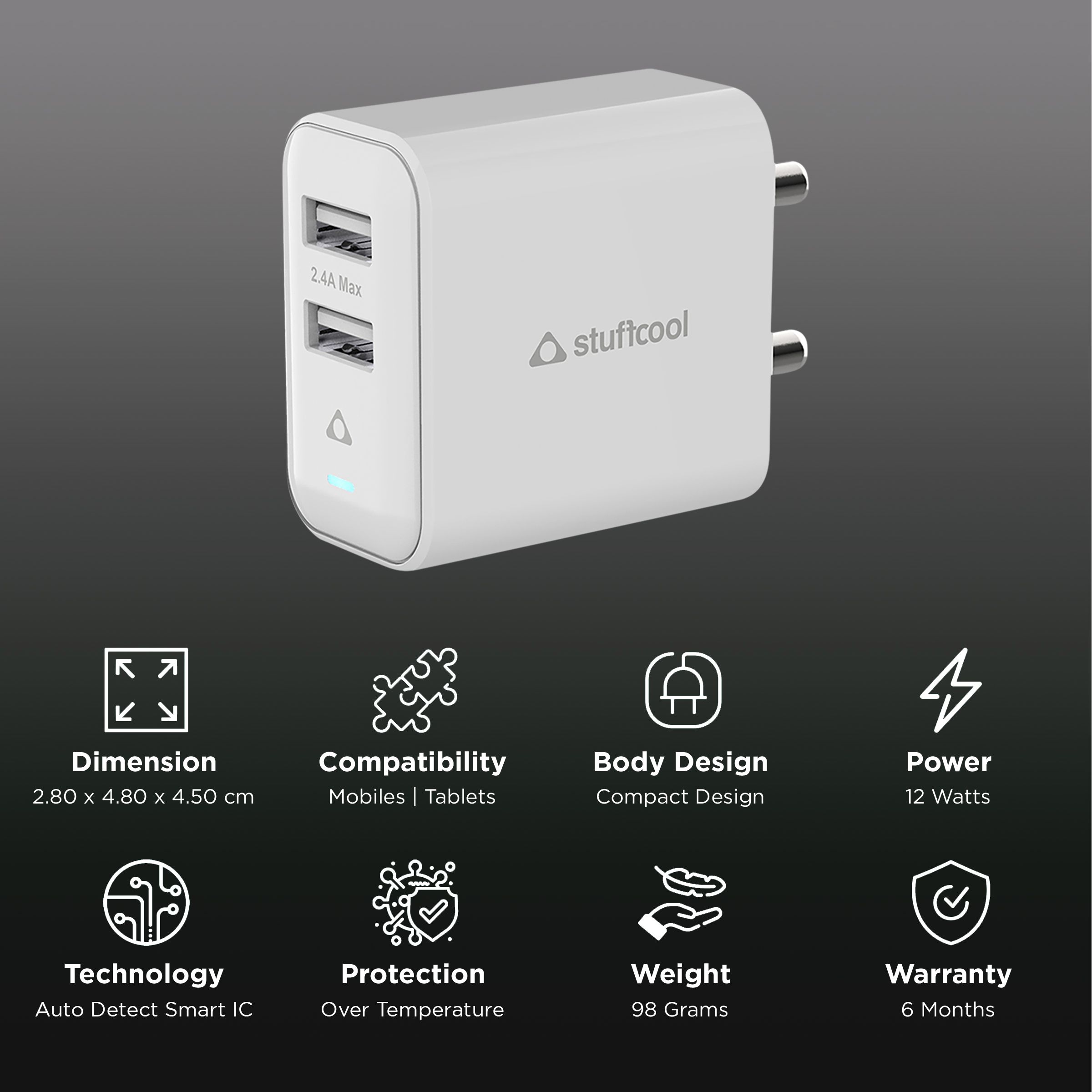 Stuffcool Flow 12W Type A 2-Port Charger (Adapter Only, Over Temperature Protection, White) Stuffcool Flow 12W Type A 2-Port Charger (Adapter Only, Over Temperature Protection, White)_2