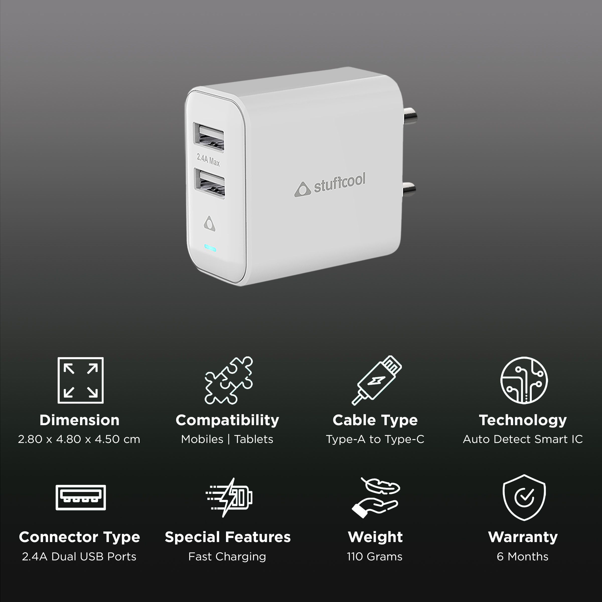 Stuffcool Flow Type A 2-Port Fast Charger (Type A to Type C Cable, Auto Detect Smart IC, White) Stuffcool Flow Type A 2-Port Fast Charger (Type A to Type C Cable, Auto Detect Smart IC, White)_2