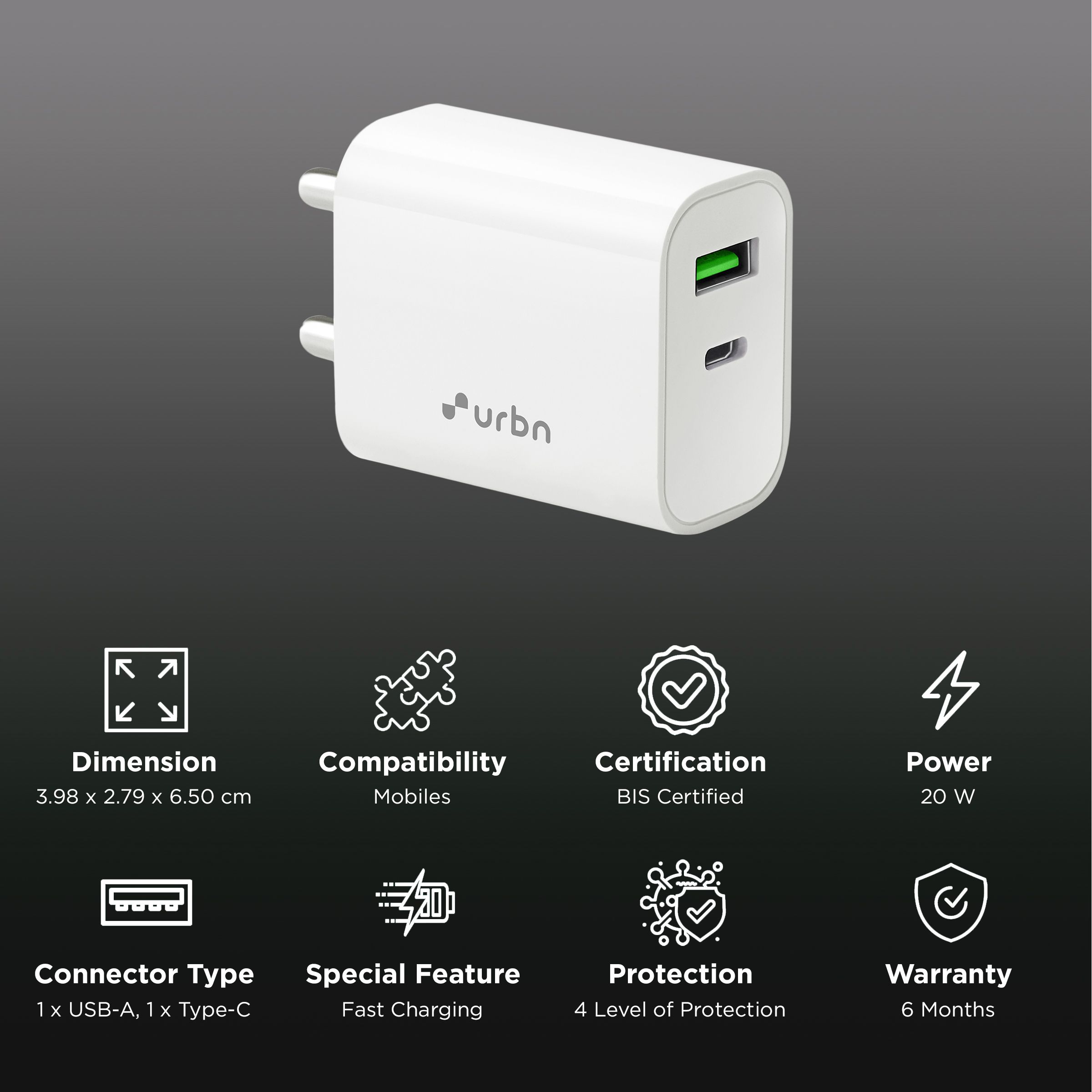 urbn 20W Type A & Type C 2-Port Fast Charger (Adapter Only, 4 Level of Protection, White)_2
