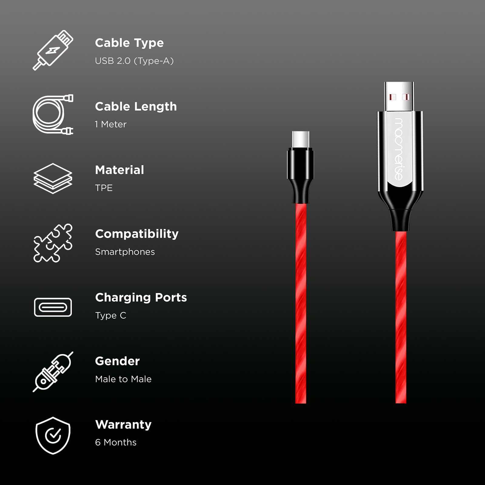 Macmerise Illume Type A to Type C 3.3 Feet (1M) Cable (LED Light Flow, Red) Macmerise Illume Type A to Type C 3.3 Feet (1M) Cable (LED Light Flow, Red)_2