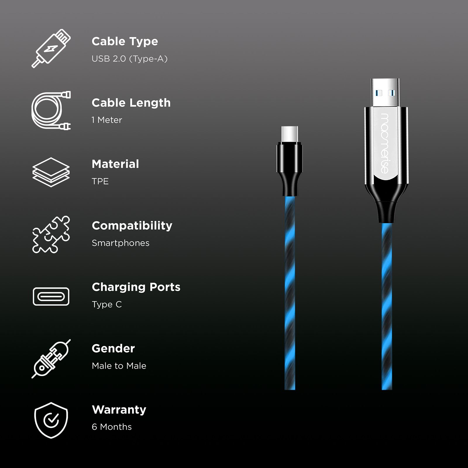 Macmerise Illume Type A to Type C 3.3 Feet (1M) Cable (LED Light Flow, Black) Macmerise Illume Type A to Type C 3.3 Feet (1M) Cable (LED Light Flow, Black)_2