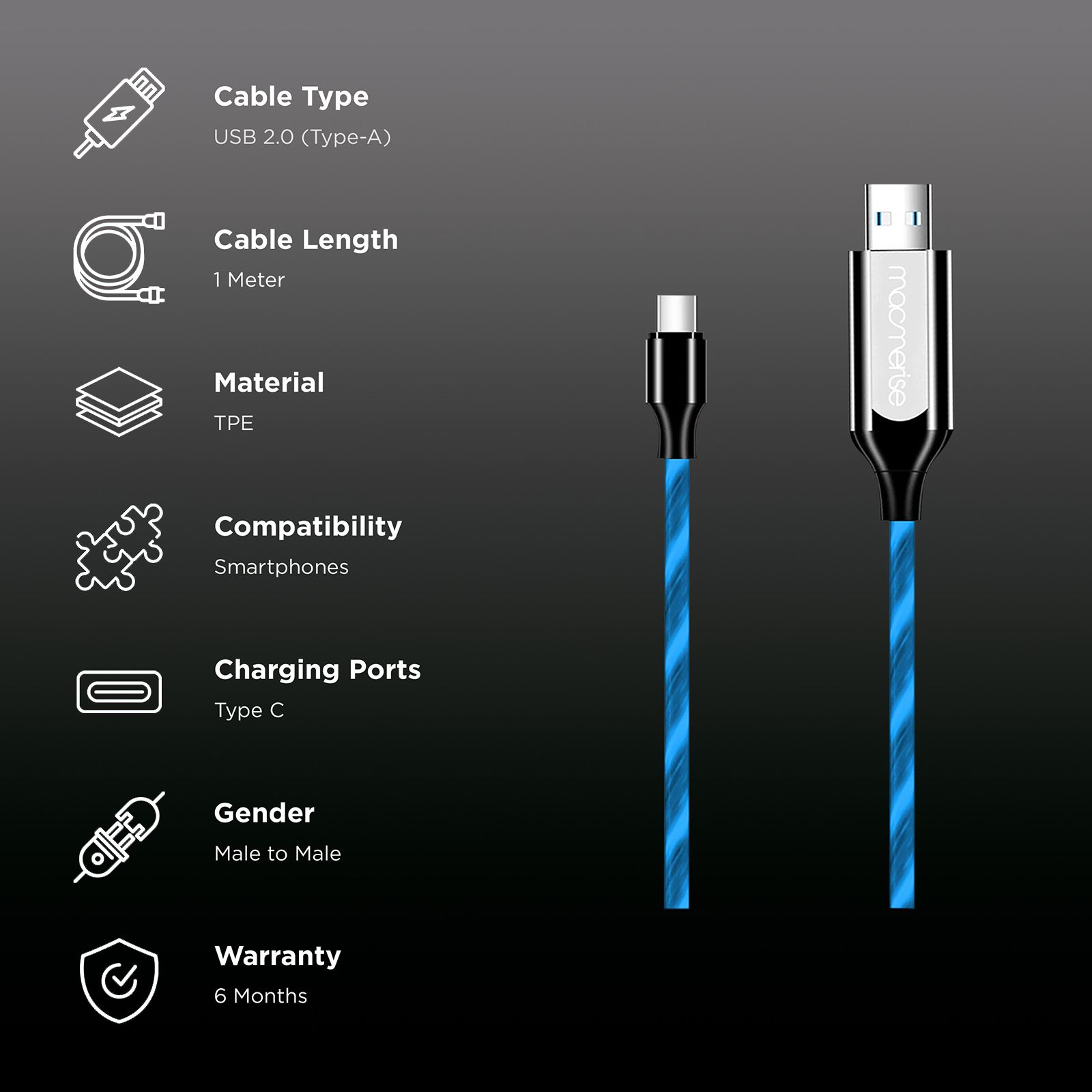 Macmerise Illume Type A to Type C 3.3 Feet (1M) Cable (LED Light Flow, Blue) Macmerise Illume Type A to Type C 3.3 Feet (1M) Cable (LED Light Flow, Blue)_2