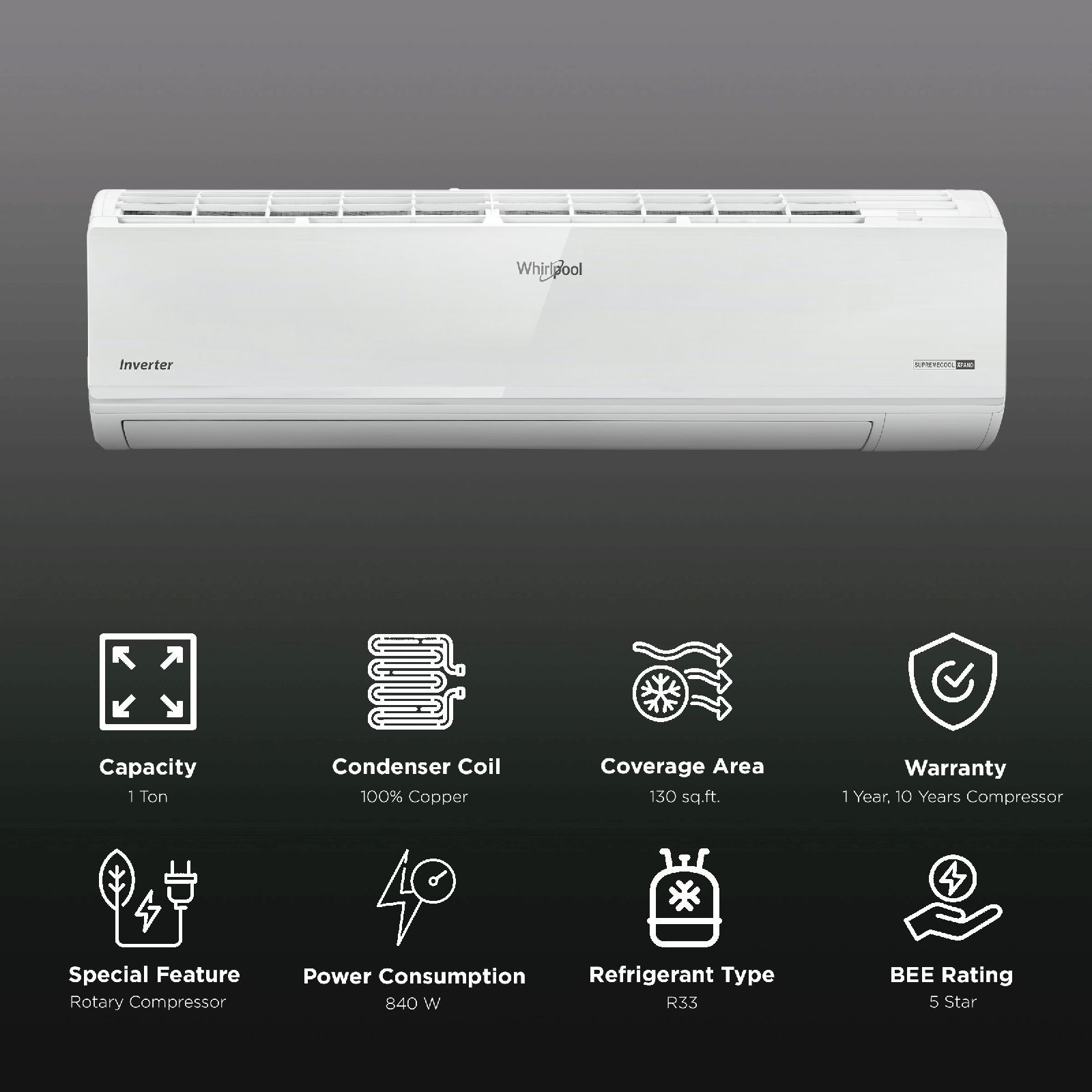 Whirlpool Supreme Cool Xpand Convertible 1 Ton 5 Star Intellisense Inverter Split AC with Microblock Filter (Copper Condenser, SAI12B52SXD0) Whirlpool Supreme Cool Xpand Convertible 1 Ton 5 Star Intellisense Inverter Split AC with Microblock Filter (Copper Condenser, SAI12B52SXD0)_2