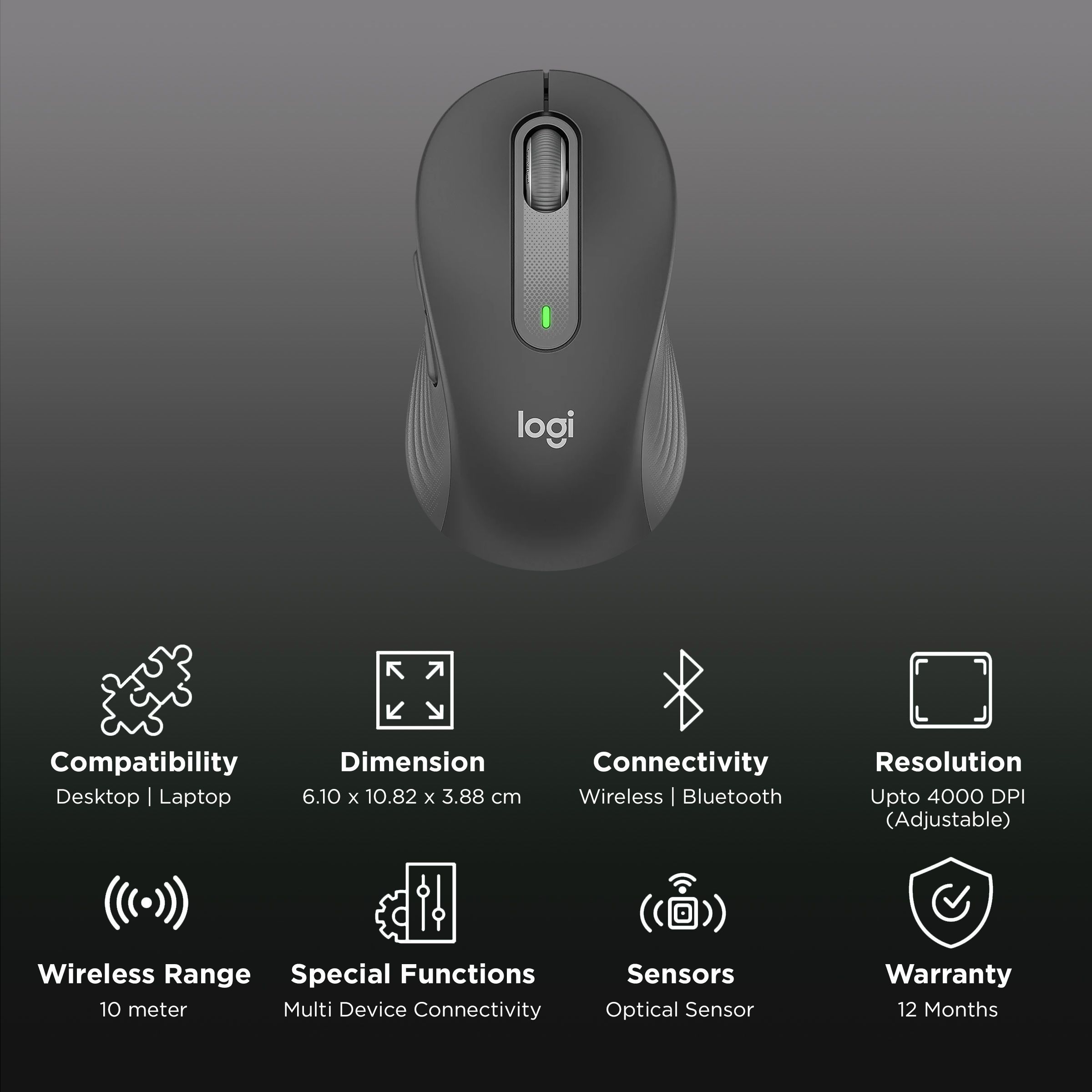 logitech Signature M650 Bluetooth Wireless Optical Performance Mouse (4000 DPI Adjustable, Multi Device Connectivity, Graphite)_2