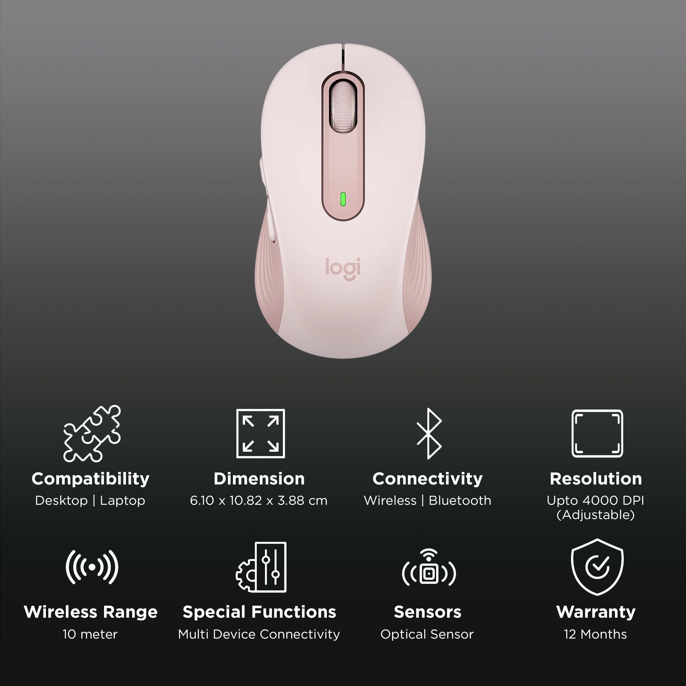 logitech Signature M650 Wireless Optical Performance Mouse with Customizable Buttons (4000 DPI Adjustable, Multi Device Connectivity, Rose)_2