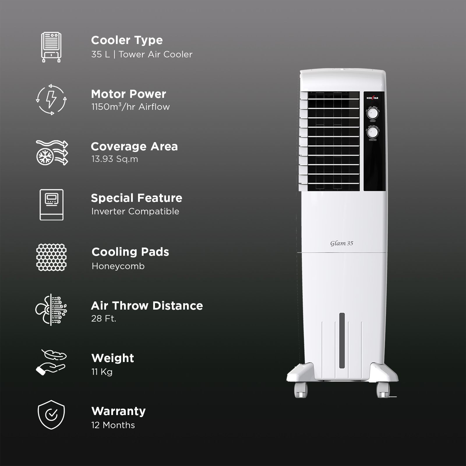 KENSTAR GLAM 35 Litres Tower Air Cooler (Inverter Compatible, KCLGLMWH035BMH-ELM, White) KENSTAR GLAM 35 Litres Tower Air Cooler (Inverter Compatible, KCLGLMWH035BMH-ELM, White)_3