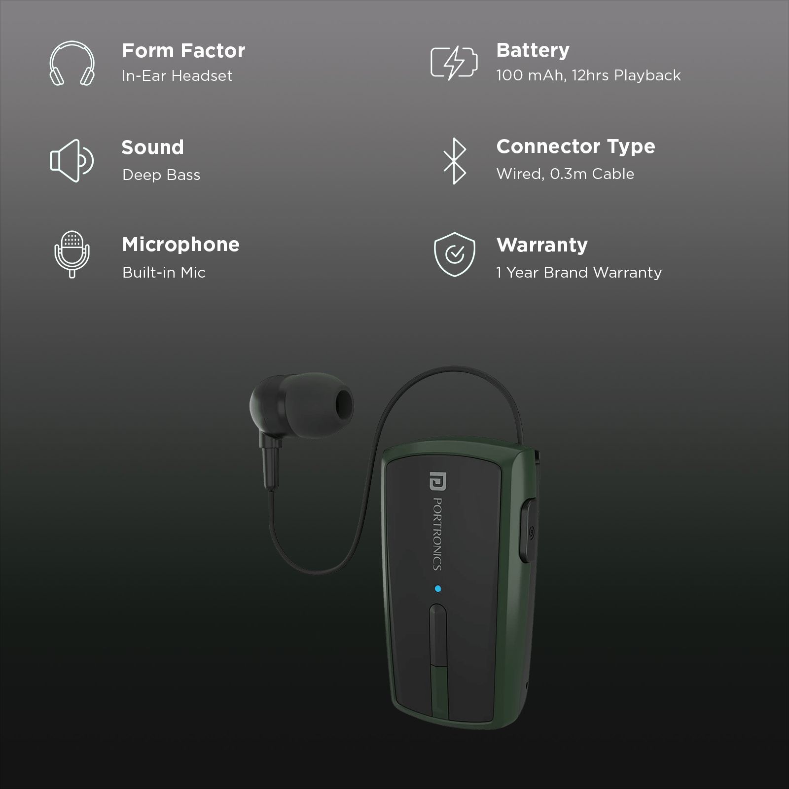 PORTRONICS Harmonics Klip 4 Bluetooth Headset with Mic (Upto 12 Hours Talk Time, In Ear, Green)_2