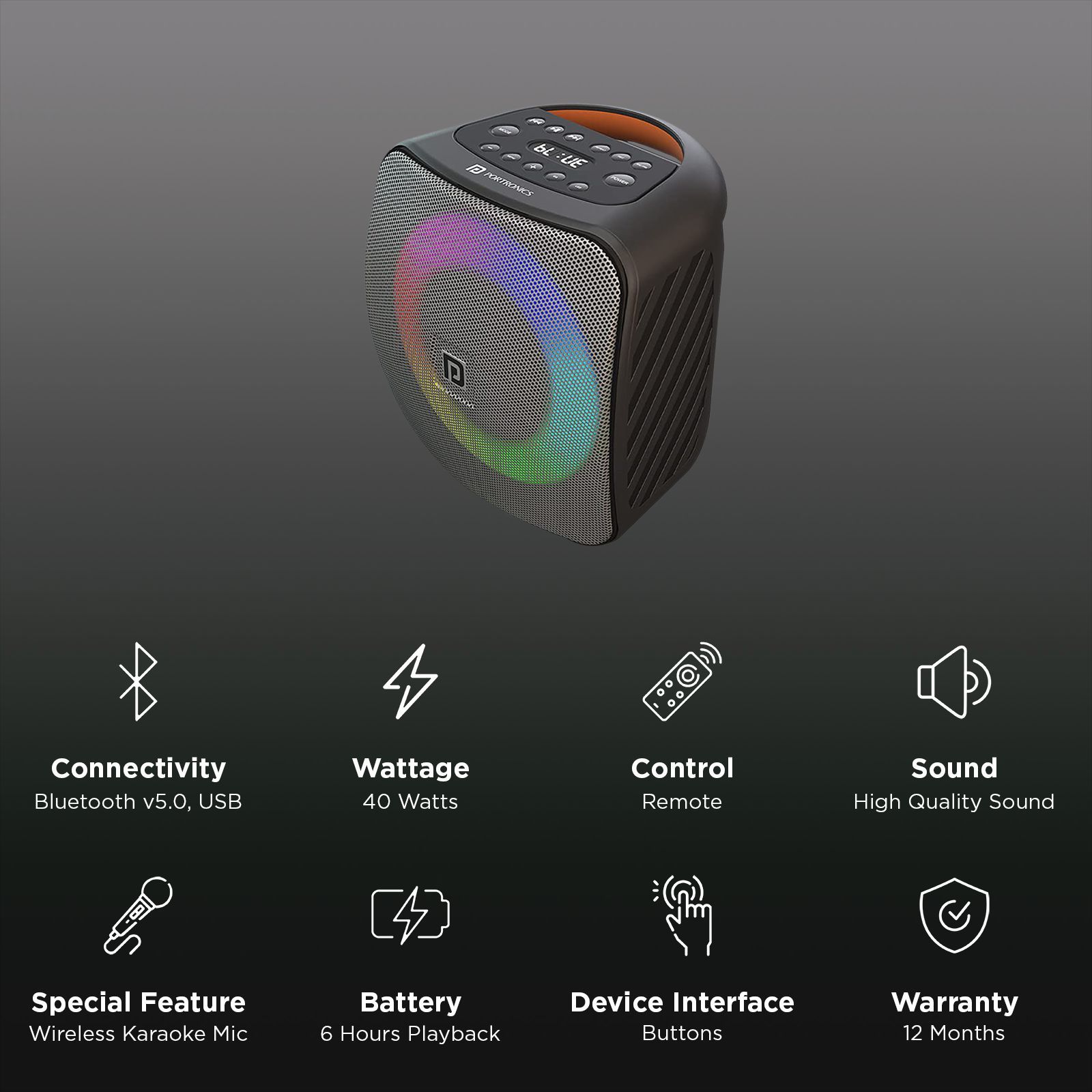 PORTRONICS Dash 40W Portable Bluetooth Speaker (Built-in FM Radio, Black/Grey) PORTRONICS Dash 40W Portable Bluetooth Speaker (Built-in FM Radio, Black/Grey)_2