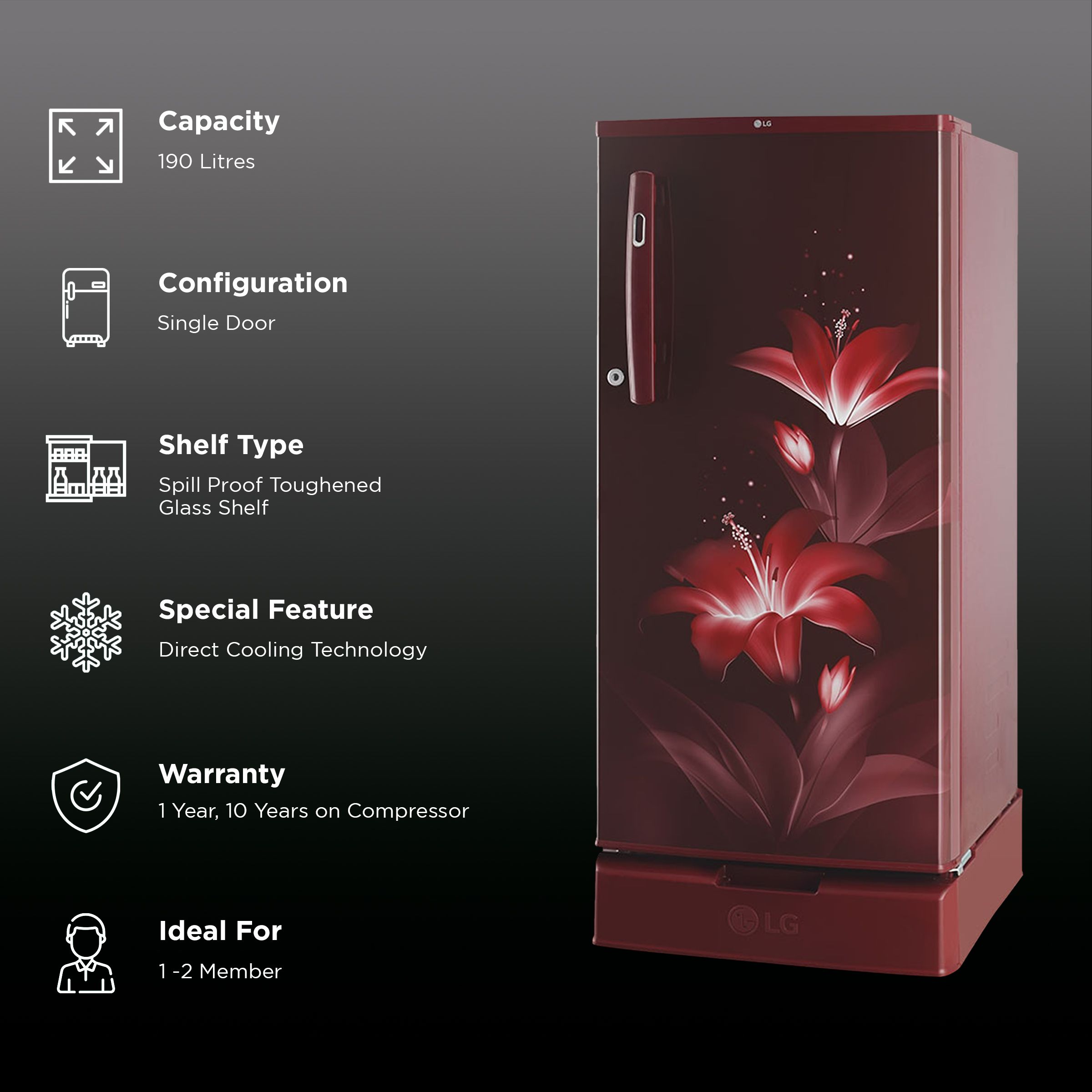 LG 185 Litres 1 Star Direct Cool Single Door Refrigerator with Multi Air Flow System (GL-D199ORGB, Ruby Glow) LG 185 Litres 1 Star Direct Cool Single Door Refrigerator with Multi Air Flow System (GL-D199ORGB, Ruby Glow)_2