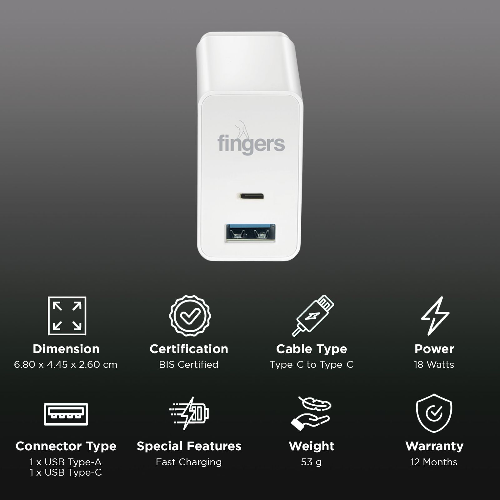 fingers PA-FAST-C 18W Type A and Type C Fast Charger (Type C to Type C Cable, Short Circuits Protection, Piano White)_2