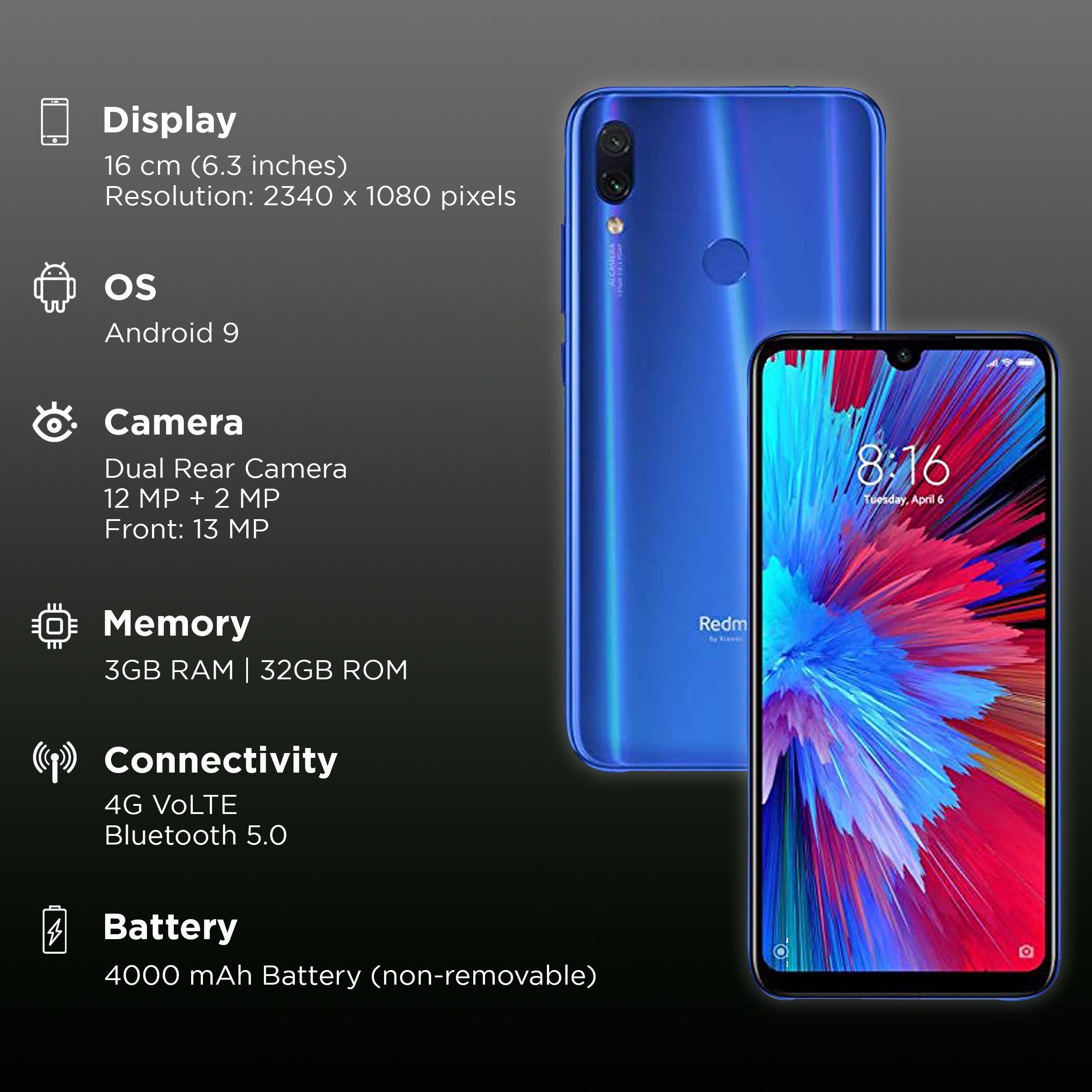 Refurbished Redmi Note 7 (3GB RAM, 32GB, Blue)_2