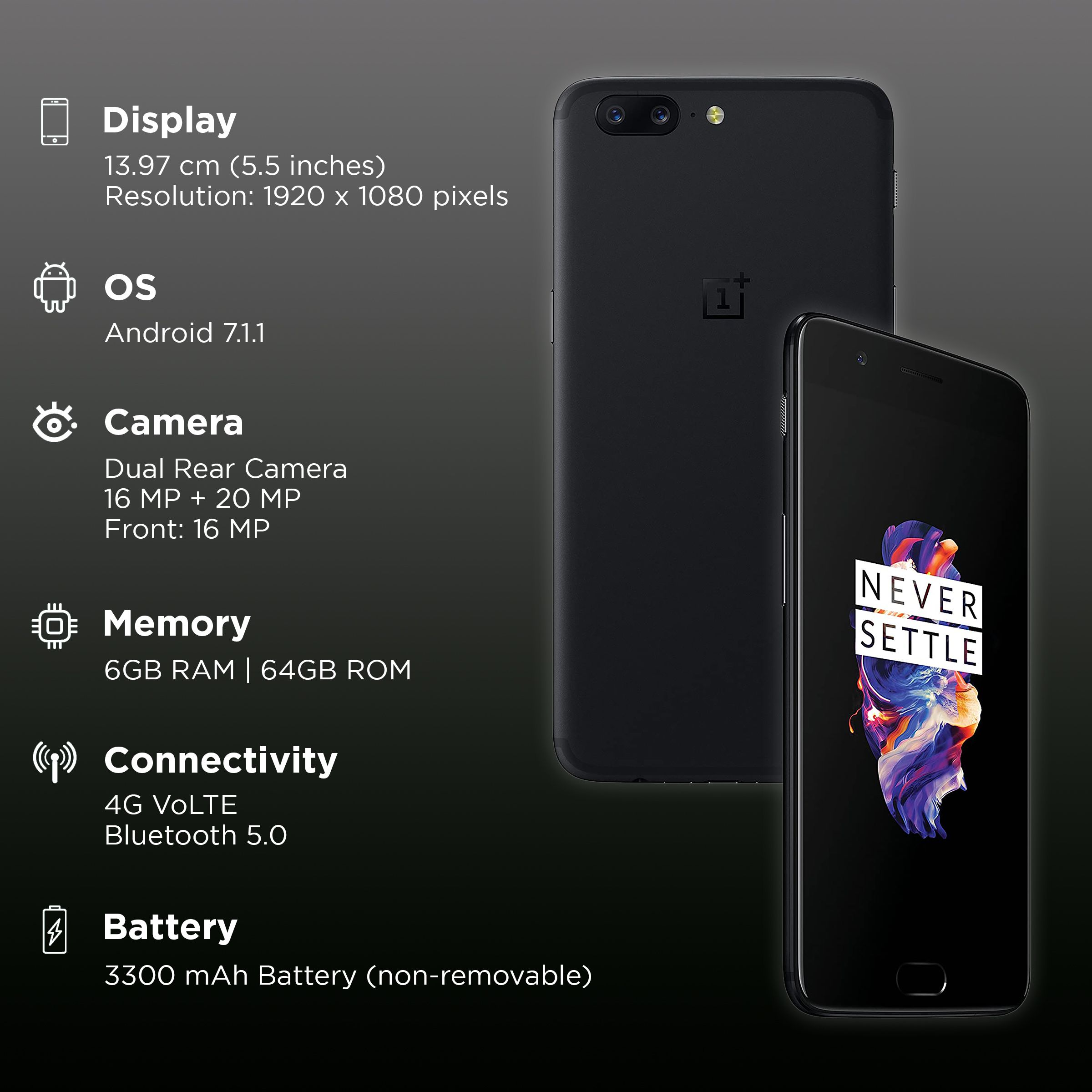 Refurbished OnePlus 5 (6GB RAM, 64GB, Midnight Black)_2