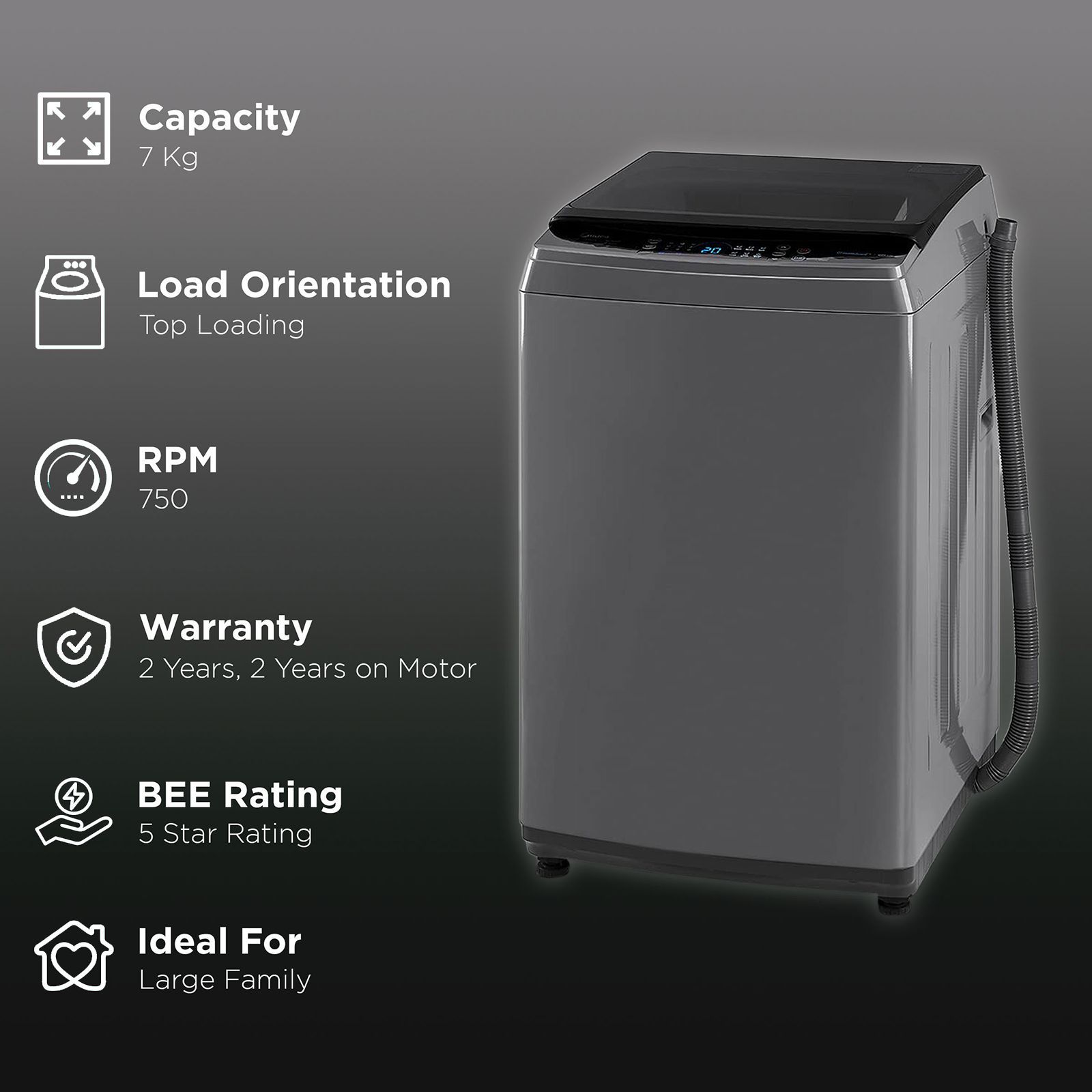 Midea 7 kg 5 Star Inverter Fully Automatic Top Load Washing Machine (MA200W70/G-IN, Lint Filter, Dark Grey)_2