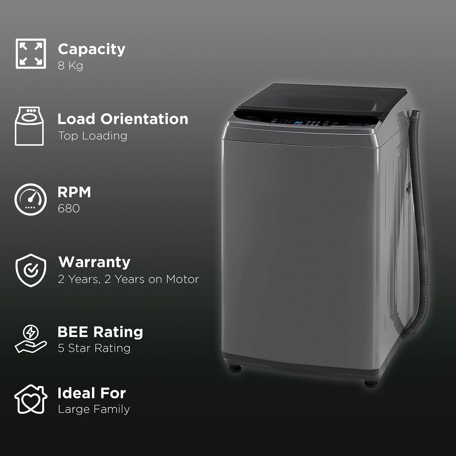 Midea 8 kg 5 Star Inverter Fully Automatic Top Load Washing Machine (MA200W80/G-IN, Lint Filter, Grey) Midea 8 kg 5 Star Inverter Fully Automatic Top Load Washing Machine (MA200W80/G-IN, Lint Filter, Grey)_2