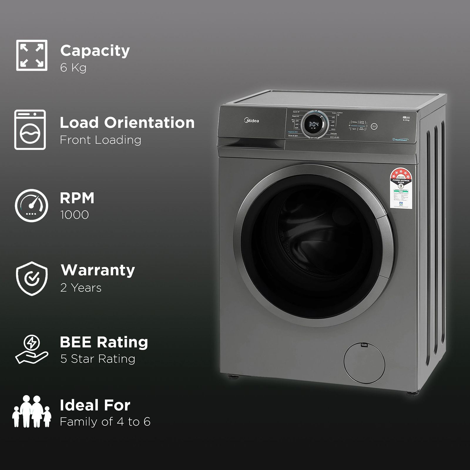 Midea 6 kg 5 Star Fully Automatic Front Load Washing Machine (MF100W60/T-IN, In-Built Heater, Dark Grey) Midea 6 kg 5 Star Fully Automatic Front Load Washing Machine (MF100W60/T-IN, In-Built Heater, Dark Grey)_2