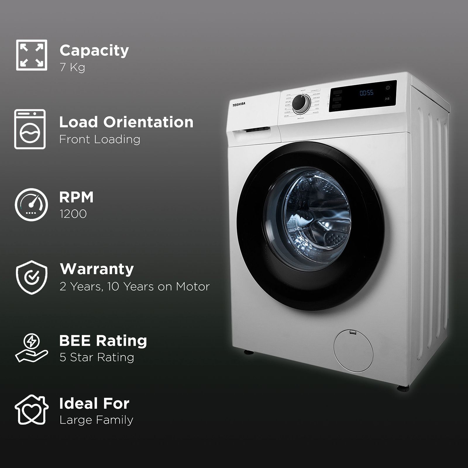 TOSHIBA 7 kg 5 Star Inverter Fully Automatic Front Load Washing Machine (TW-BJ80S2-IND(WK), In-Built Heater, White)_2