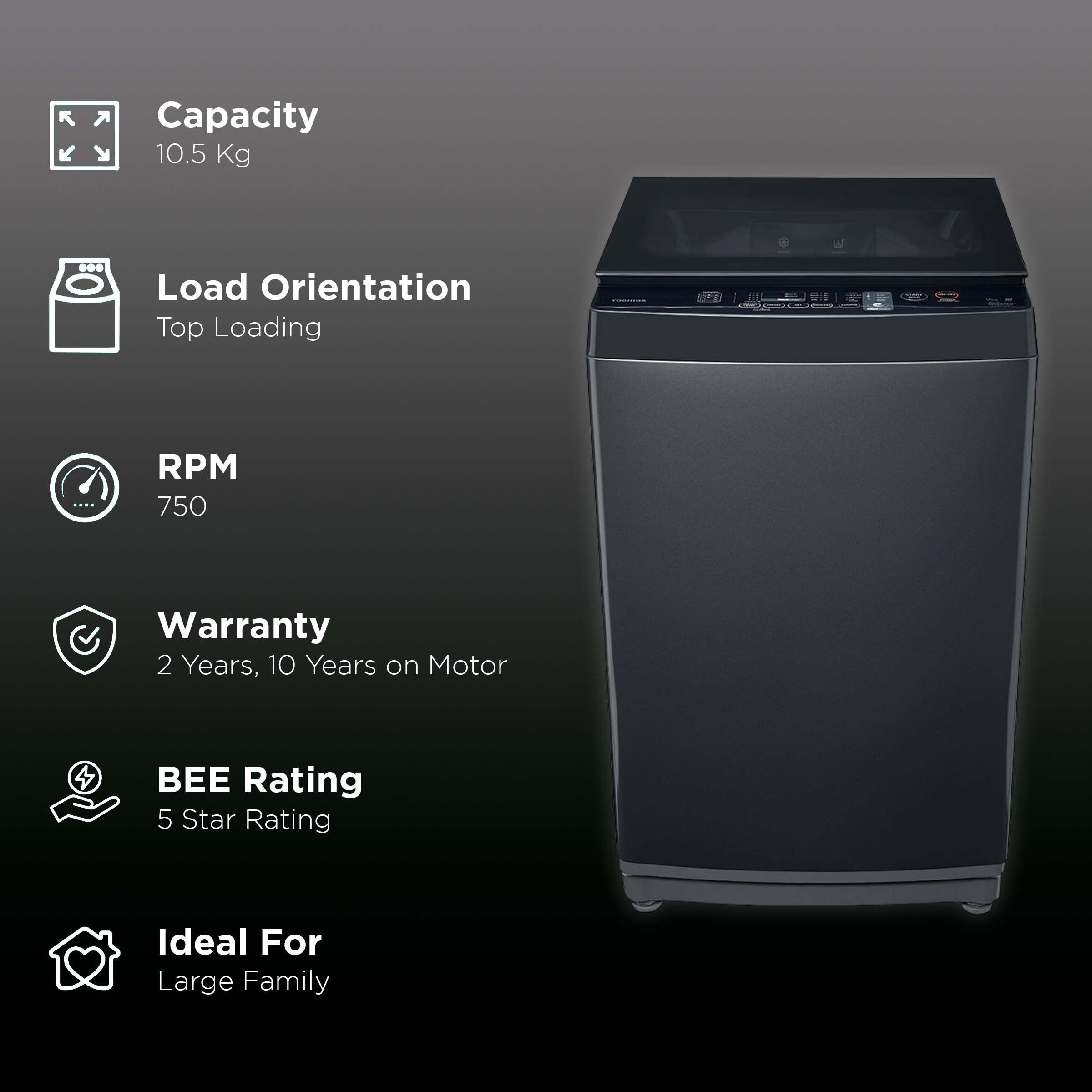 TOSHIBA 10.5 kg 5 Star Inverter Fully Automatic Top Load Washing Machine (AW-DUK1150H-IND(SK), i-Clean Function, Silver)_2