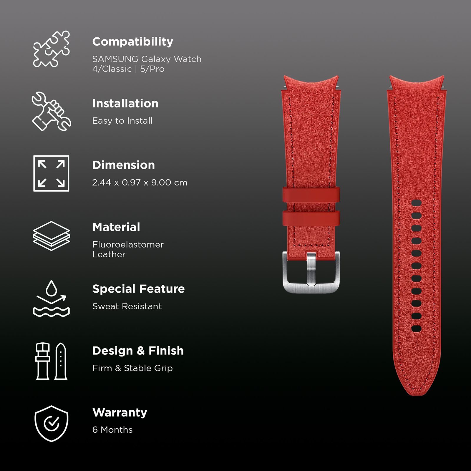 SAMSUNG Hybrid Fluoroelastomer & Leather Band for SAMSUNG Galaxy Watch4, Watch4 Classic, Watch5 & Watch5 Pro (20mm, M / L) (Sweat Resistant, Red)_2