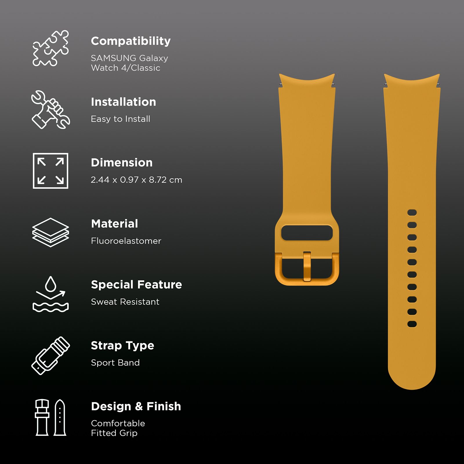 SAMSUNG Fluoroelastomer Sport Band for SAMSUNG Galaxy Watch4 & Watch4 Classic (20mm, M / L) (Durable & Sweat Resistance, Mustard)_2