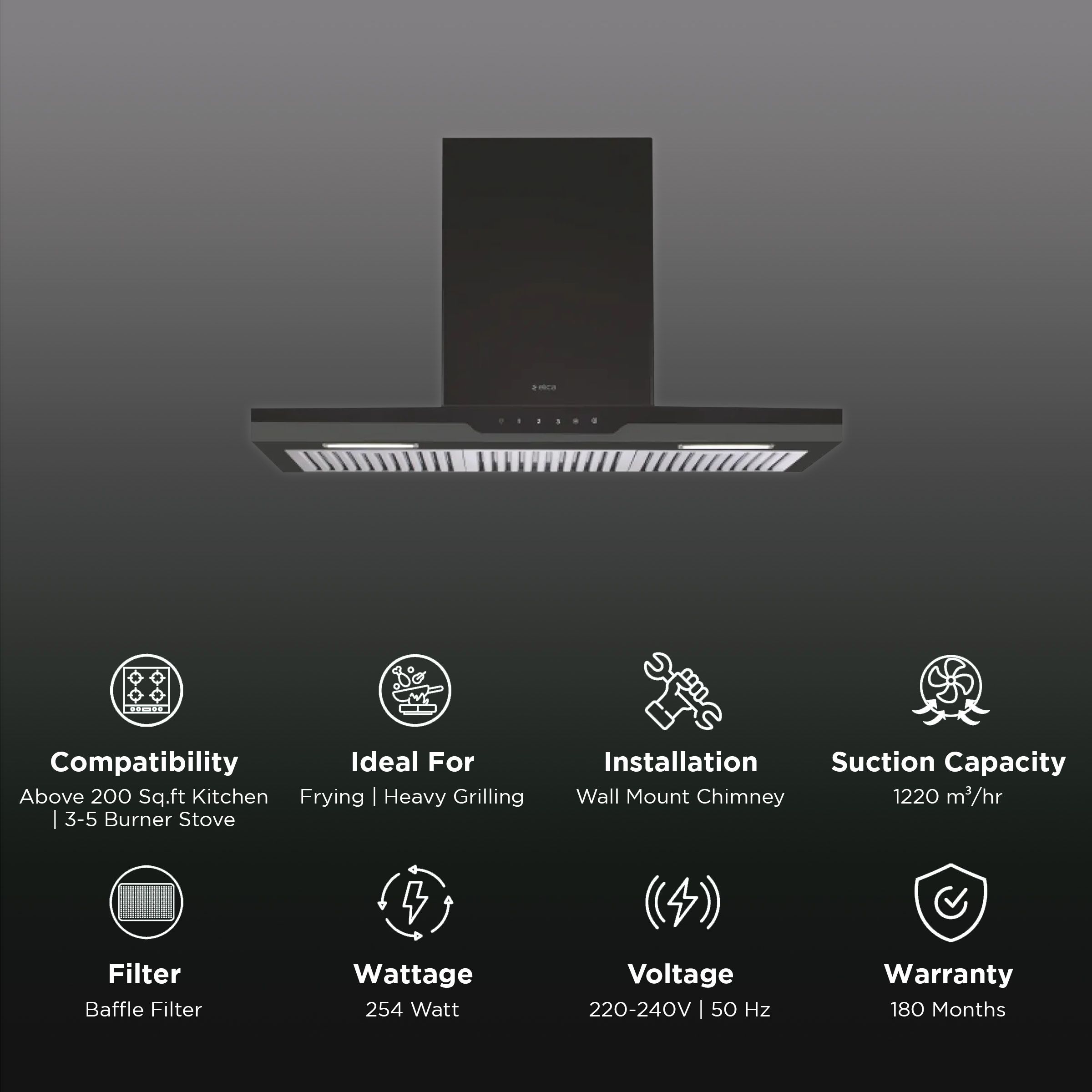 elica METEORITE ETB PLUS LTW 90 NERO T4V 90cm 1220m3/hr Ducted Wall Mounted Chimney with User Friendly Operation (Black)_3