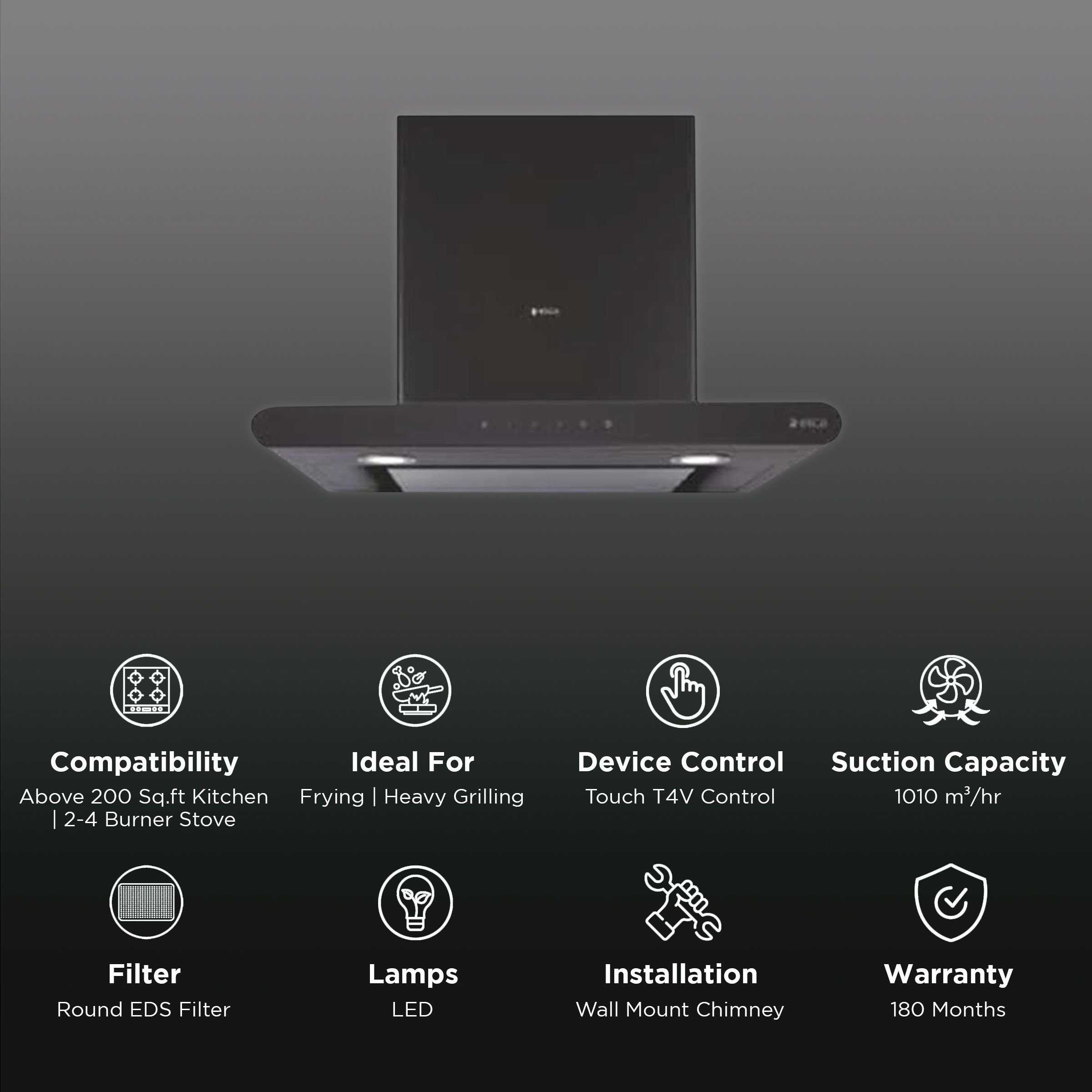 elica GALAXY EDS HE LTW 60 NERO T4V LED 60cm 1010m3/hr Ducted Wall Mounted Chimney with Touch T4V Control (Black)_3