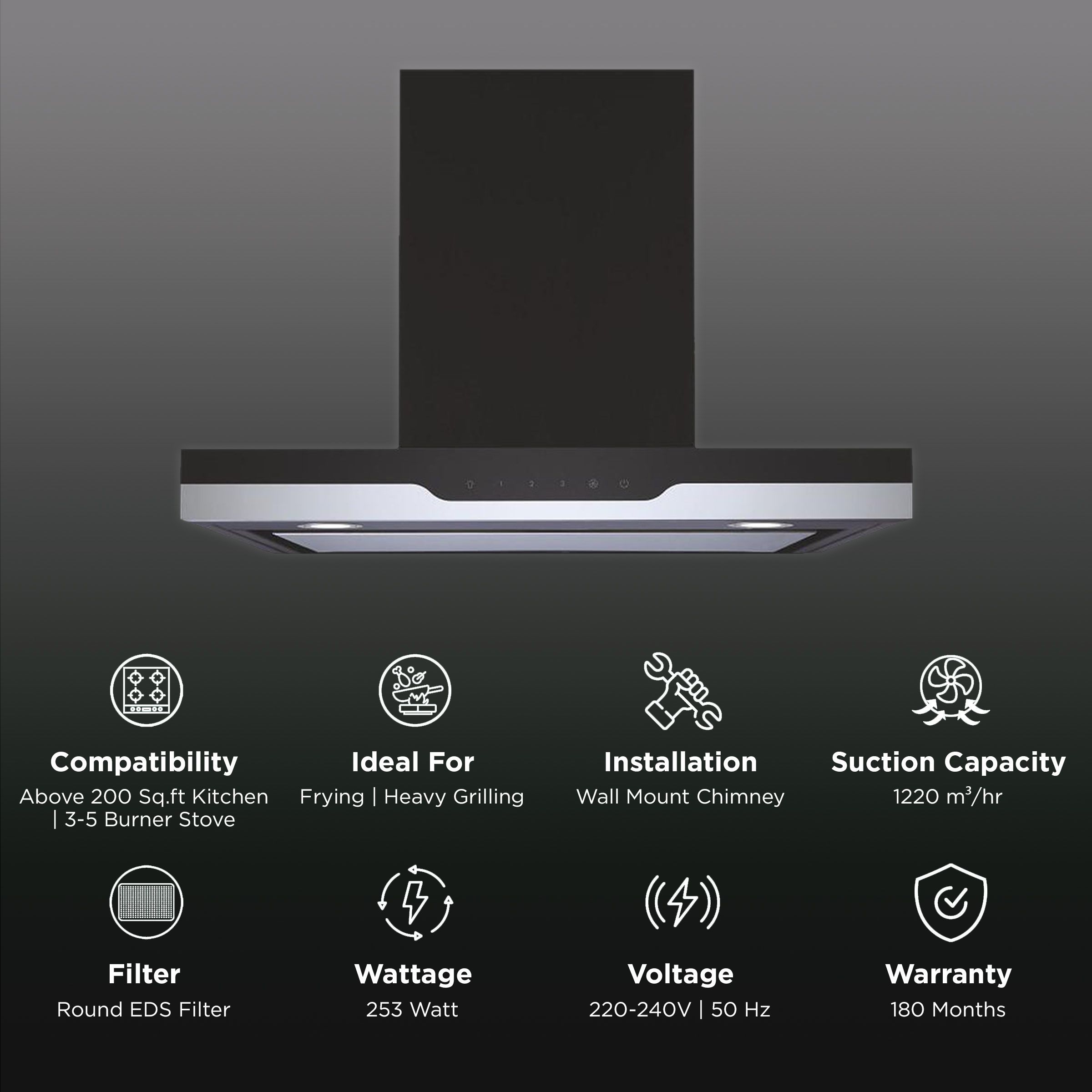 elica METEORITE EDS PLUS HE LTW 90 NERO 90cm 1220m3/hr Ducted Wall Mounted Chimney with User Friendly Operation (Black/Grey)_3