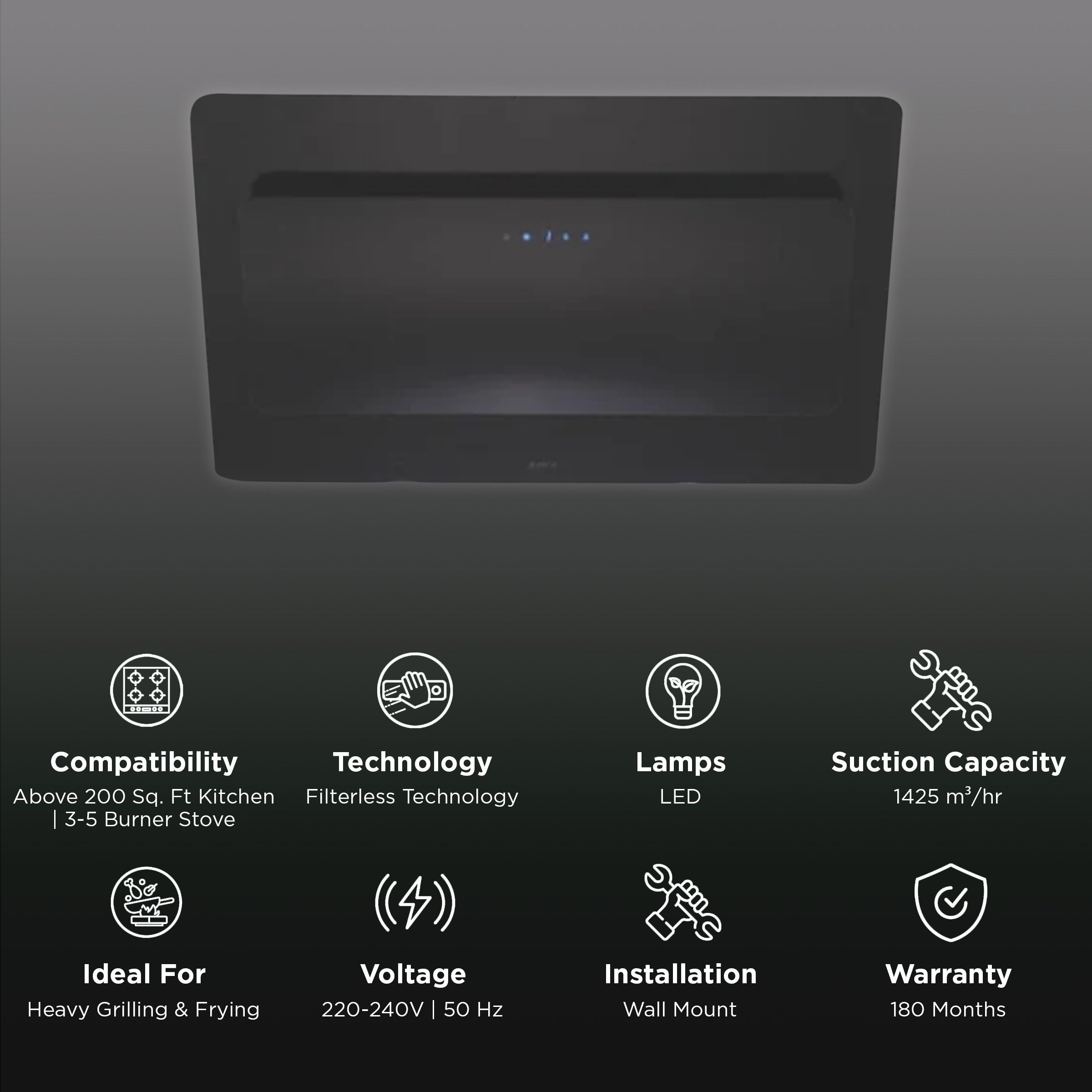 elica EFL GRACEFUL HE LTW 90 BK TC3V LED 90cm 1425m3/hr Ducted Wall Mounted Chimney with LED Lamp (Black)_3