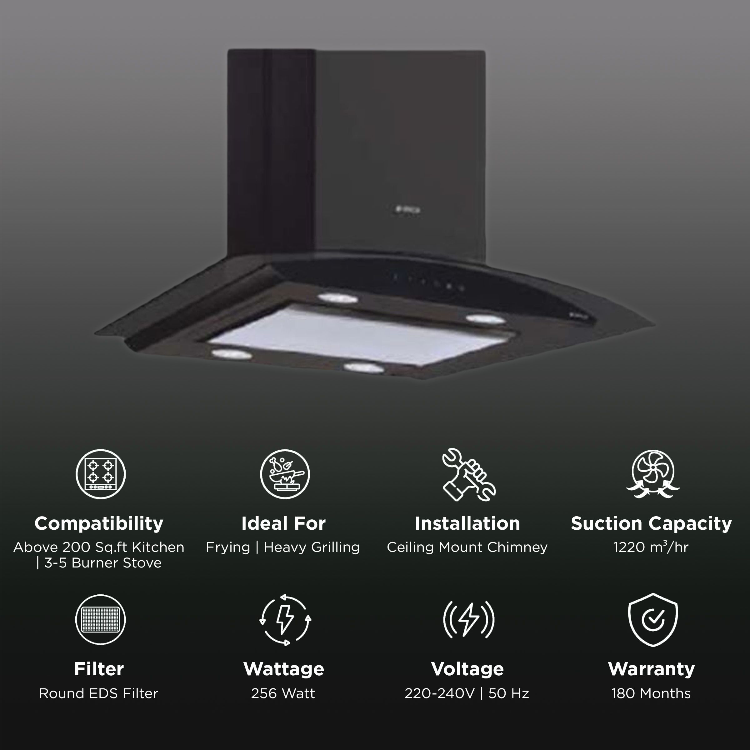 elica GLACE EDS PLUS HE LTW 90 NE 90cm 1220m3/hr Ducted Ceiling Mounted Chimney with User Friendly Operation (Black)_3