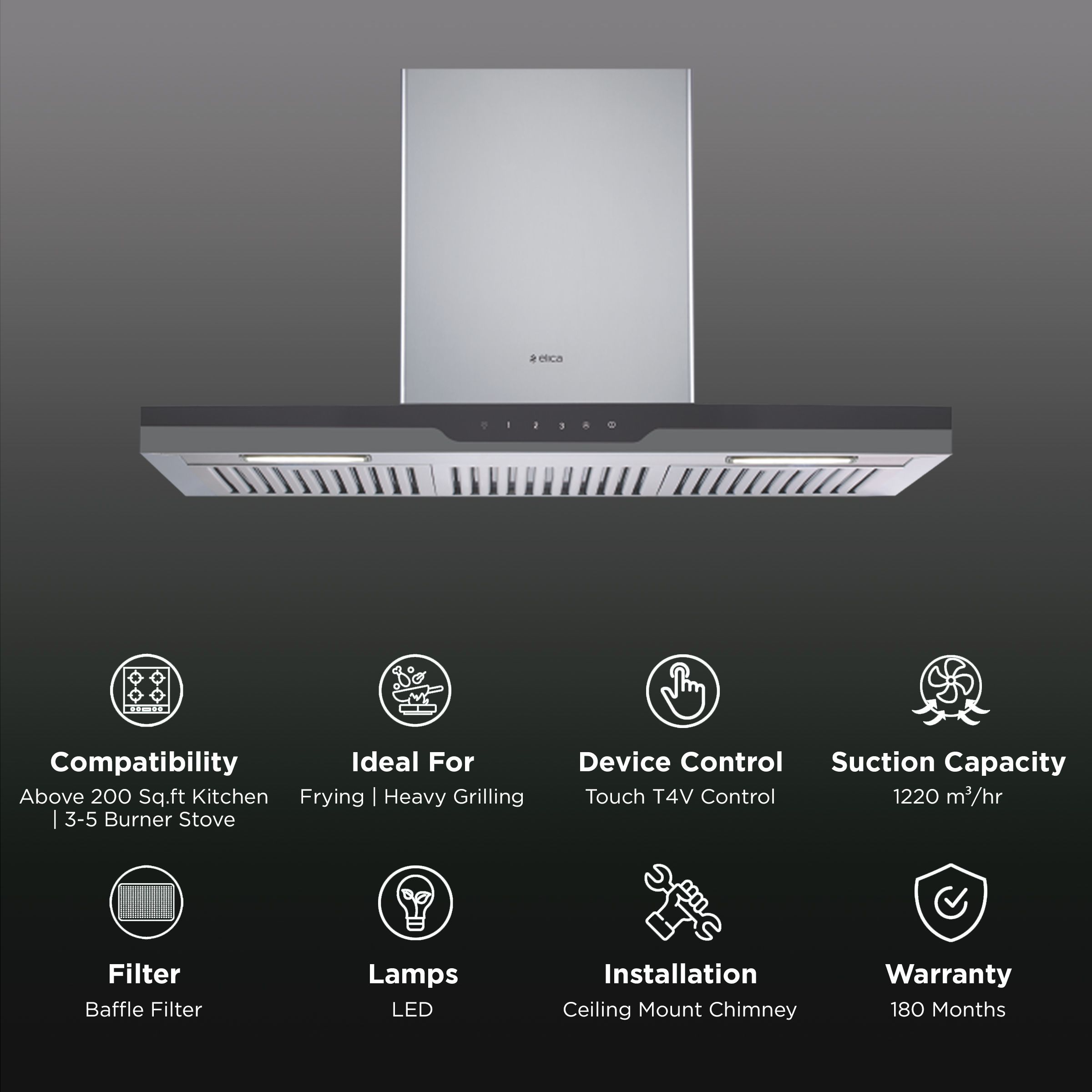 elica METEORITE ISLAND ETB PLUS LTW 90 T 90cm 1220m3/hr Ducted Ceiling Mounted Chimney with Touch T4V Control (Black/Grey)_3