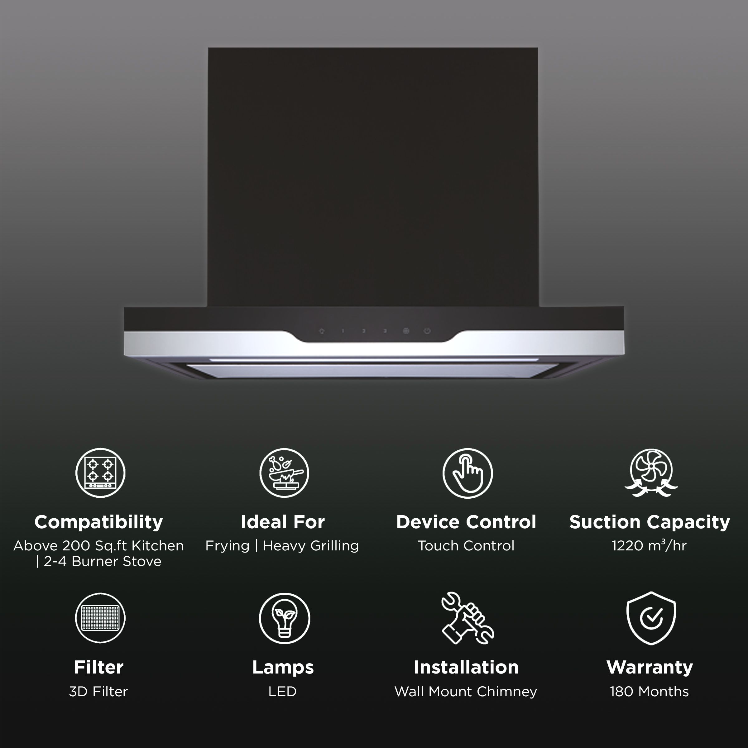 elica METEORITE UC35 EDS PLUS HE LTW 60 60cm 1220m3/hr Ducted Wall Mounted Chimney with EDS Technology (Black)_3