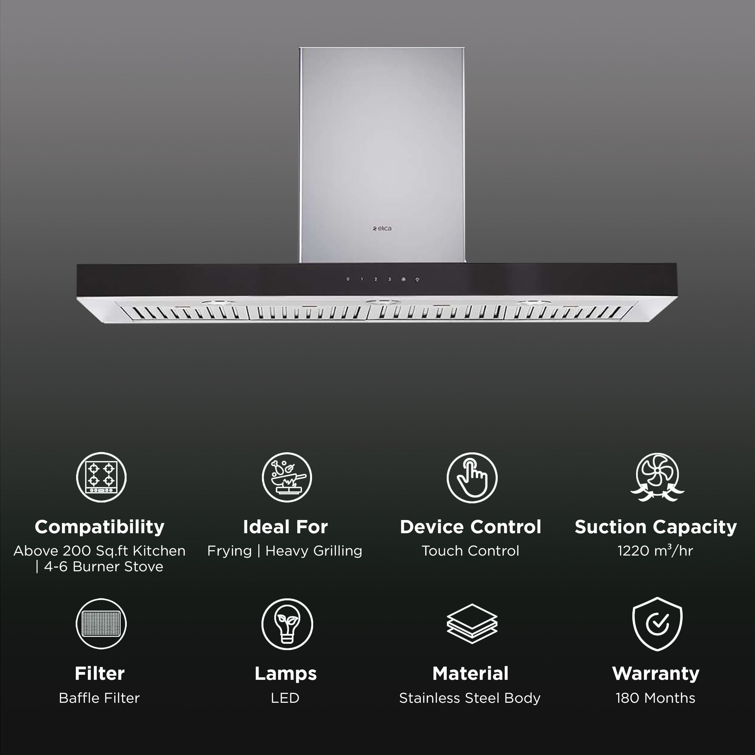 elica SPOT ETB PLUS LTW 120 TOUCH LED 120cm 1220m3/hr Ducted Wall Mounted Chimney with Touch Control (Black) elica SPOT ETB PLUS LTW 120 TOUCH LED 120cm 1220m3/hr Ducted Wall Mounted Chimney with Touch Control (Black)_3