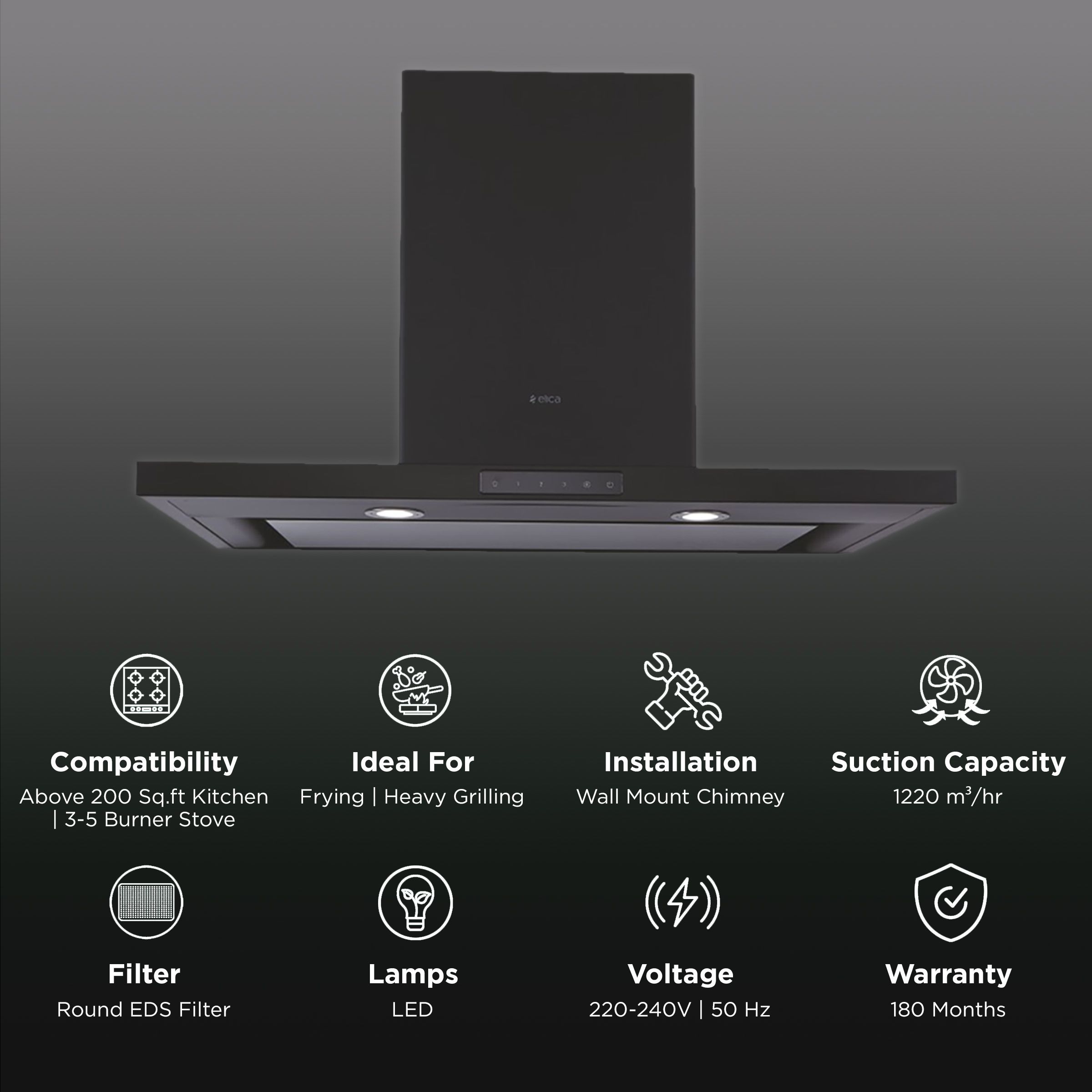 elica SPOT H4 TRIM EDS PLUS HE LTW 90 NE 90cm 1220m3/hr Ducted Wall Mounted Chimney with Low Noise (Black)_3