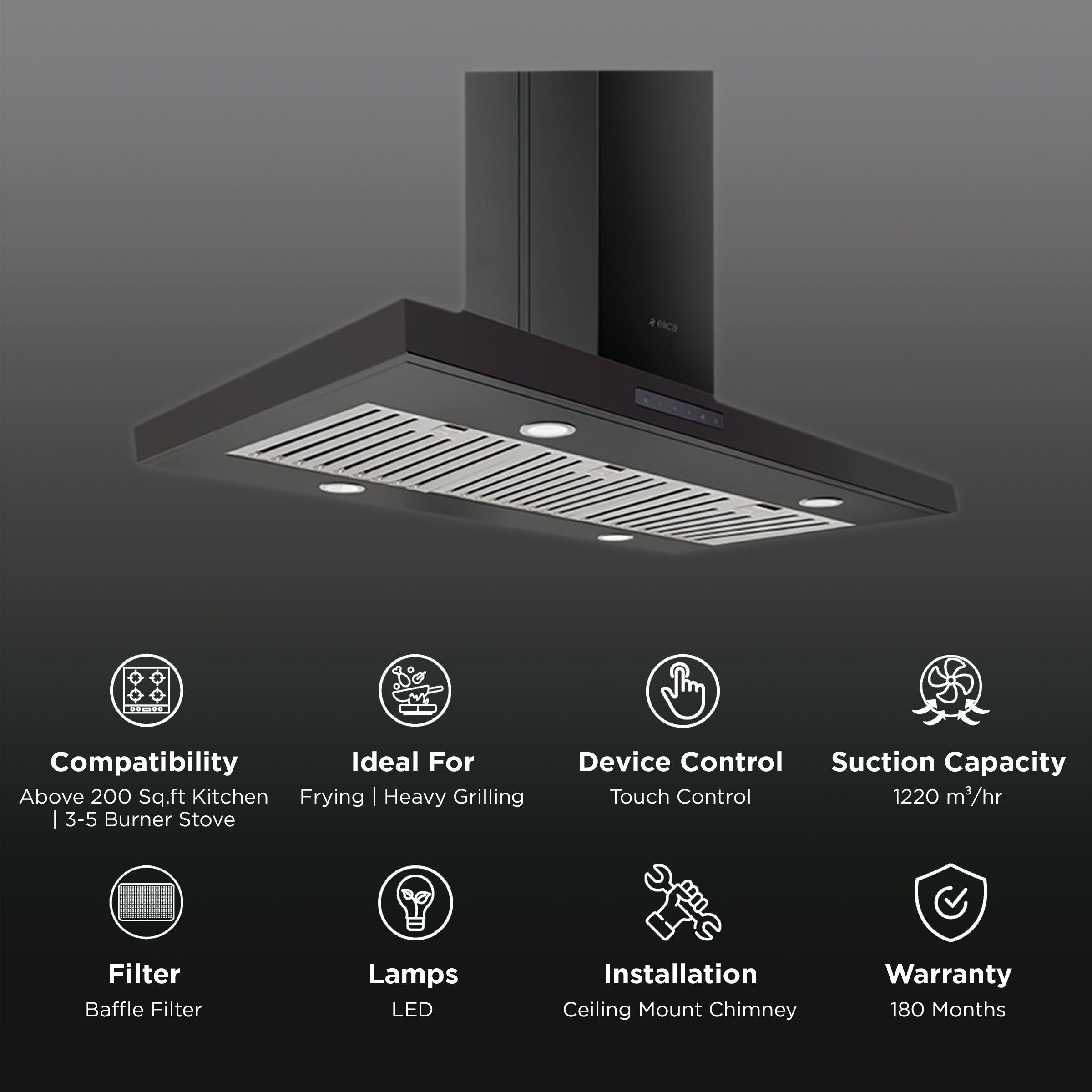 elica SPOT TRIM ISLAND ETB PLUS LTW 90 N 90cm 1220m3/hr Ducted Ceiling Mounted Chimney with Touch Control (Black)_3