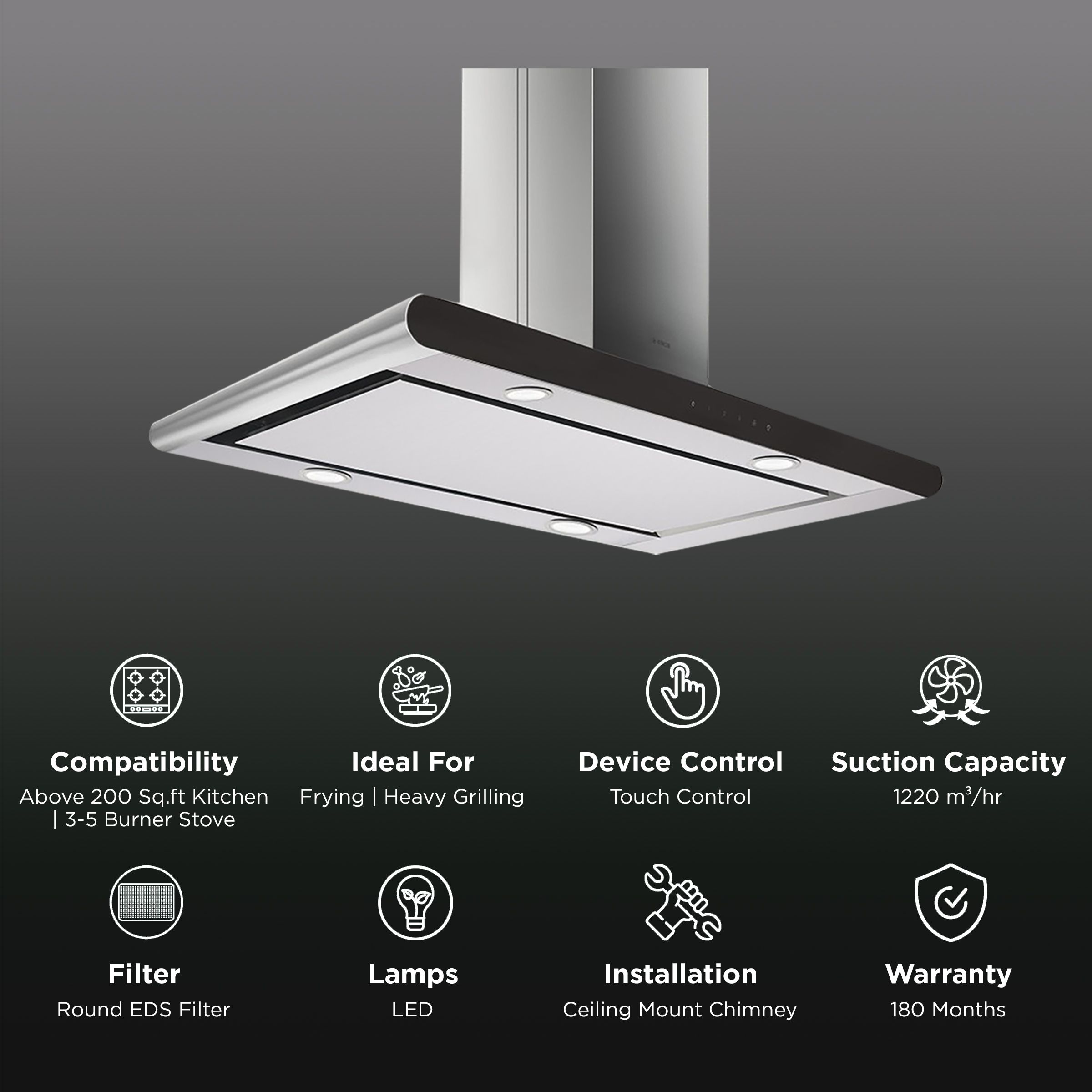 elica GALAXY ISLAND EDS PLUS HE LTW 90 T 90cm 1220m3/hr Ducted Ceiling Mounted Chimney with Touch Control Panel (Stainless Steel)_3